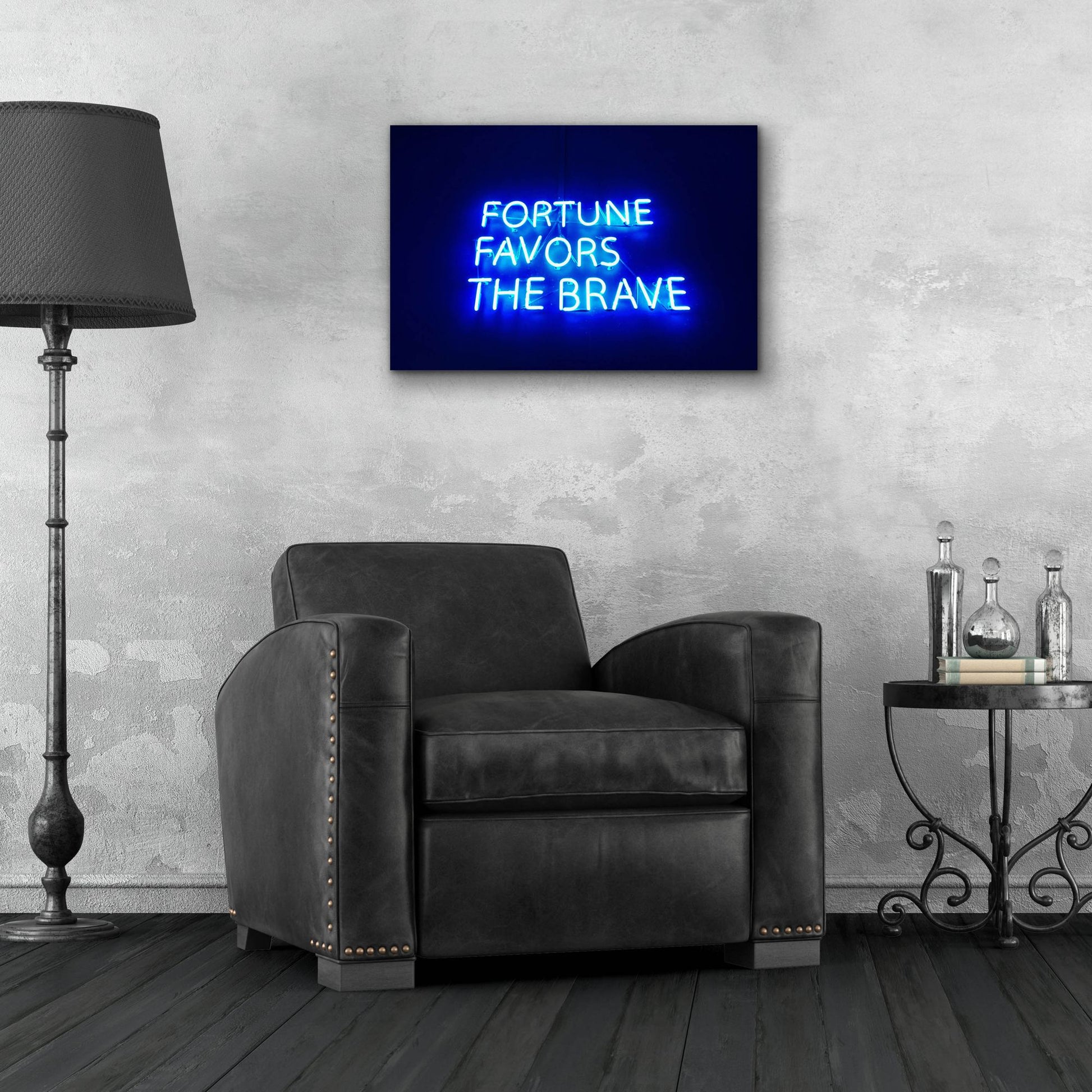 Epic Art 'Fortune-Favors The Brave In Neon Blue' by Epic Portfolio, Acrylic Glass Wall Art,24x16