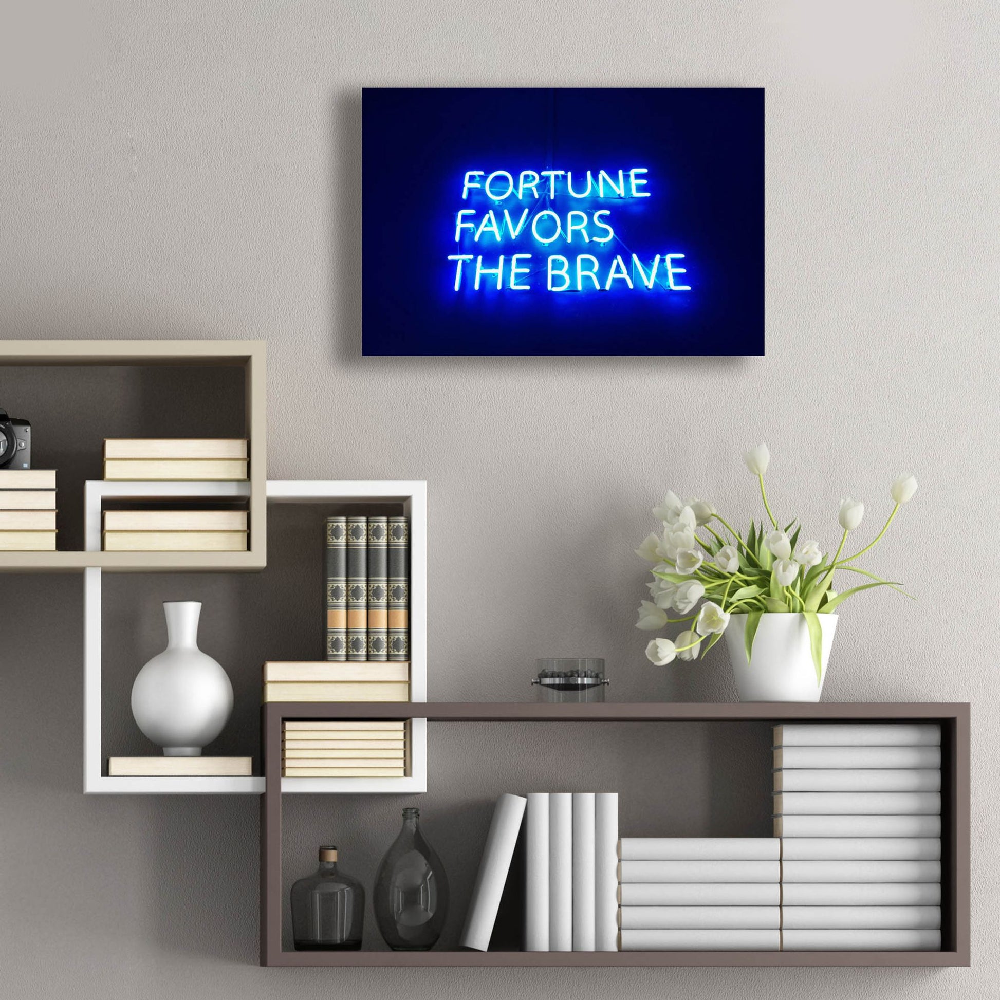 Epic Art 'Fortune-Favors The Brave In Neon Blue' by Epic Portfolio, Acrylic Glass Wall Art,24x16