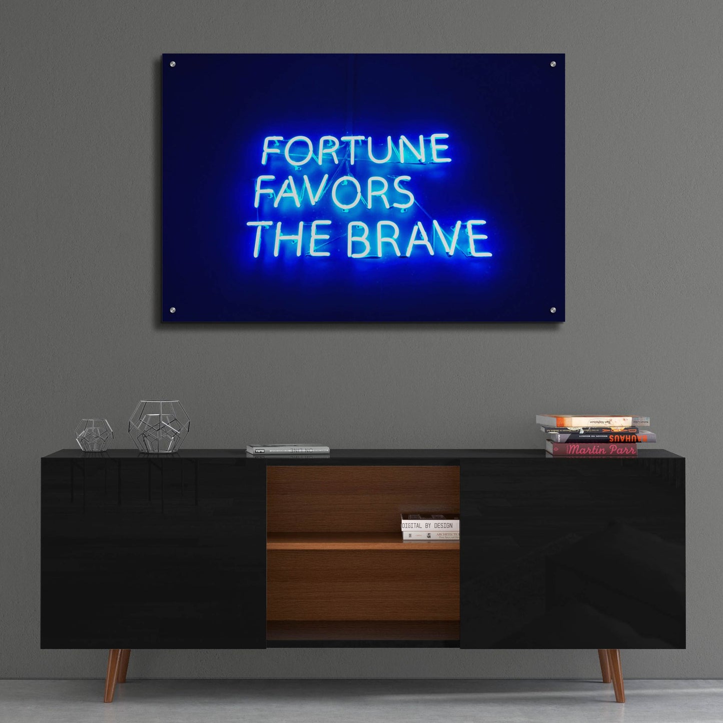 Epic Art 'Fortune-Favors The Brave In Neon Blue' by Epic Portfolio, Acrylic Glass Wall Art,36x24