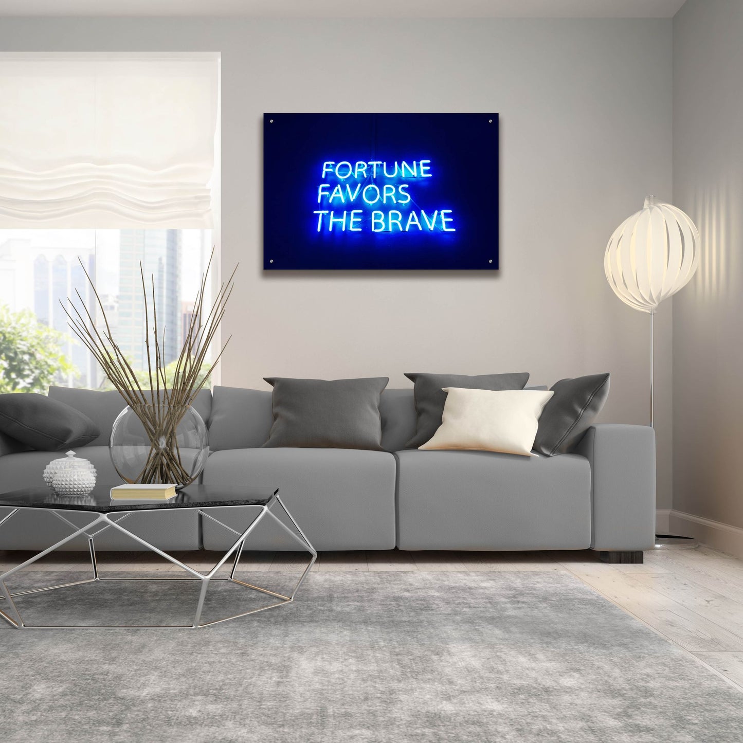 Epic Art 'Fortune-Favors The Brave In Neon Blue' by Epic Portfolio, Acrylic Glass Wall Art,36x24