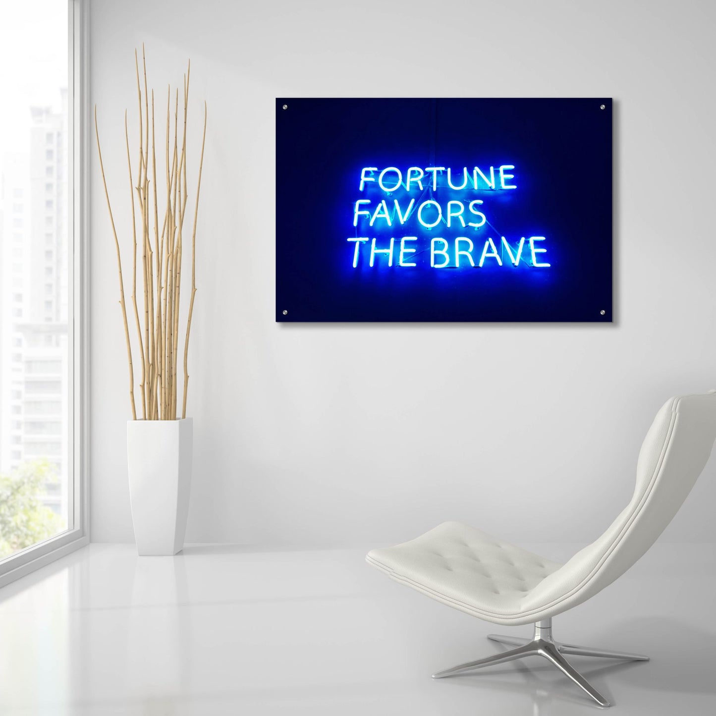 Epic Art 'Fortune-Favors The Brave In Neon Blue' by Epic Portfolio, Acrylic Glass Wall Art,36x24