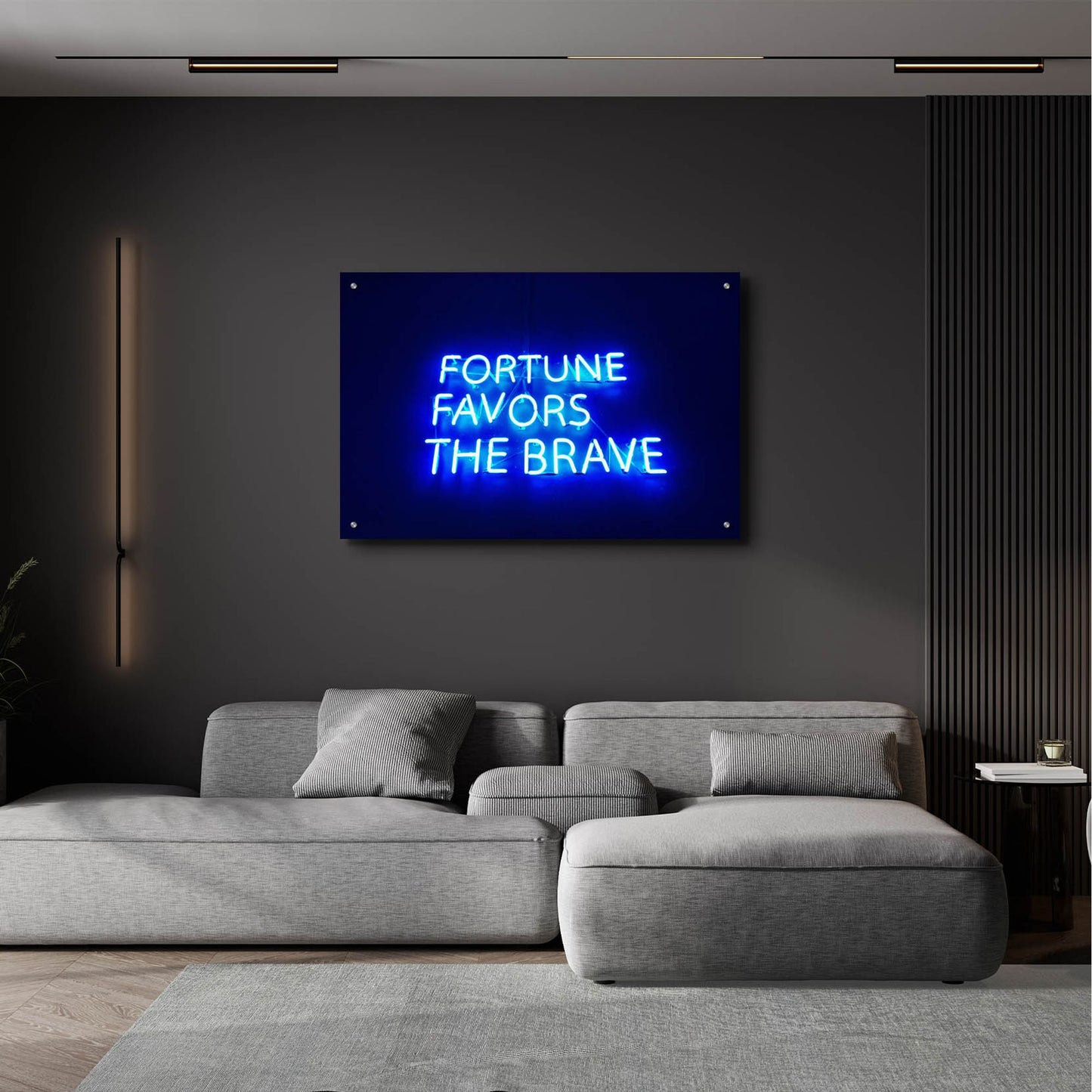 Epic Art 'Fortune-Favors The Brave In Neon Blue' by Epic Portfolio, Acrylic Glass Wall Art,36x24