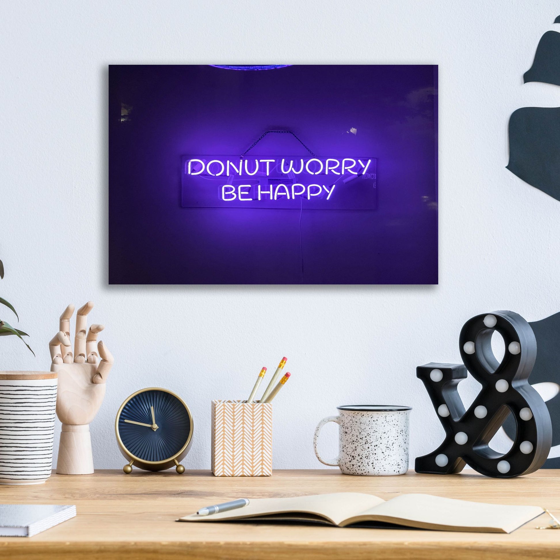 Epic Art 'Donut Worry Be Happy In Neon Purple' by Epic Portfolio, Acrylic Glass Wall Art,16x12