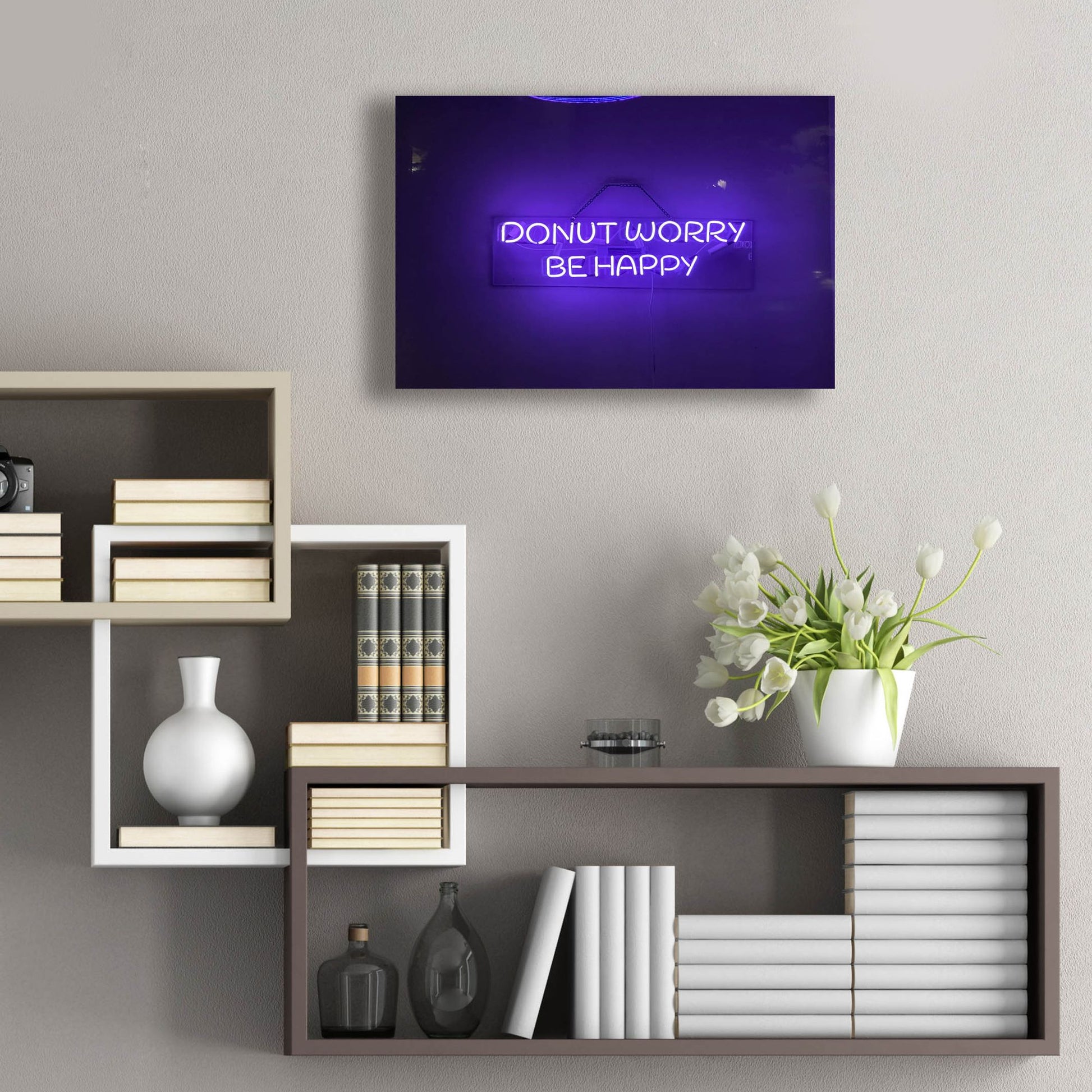 Epic Art 'Donut Worry Be Happy In Neon Purple' by Epic Portfolio, Acrylic Glass Wall Art,24x16