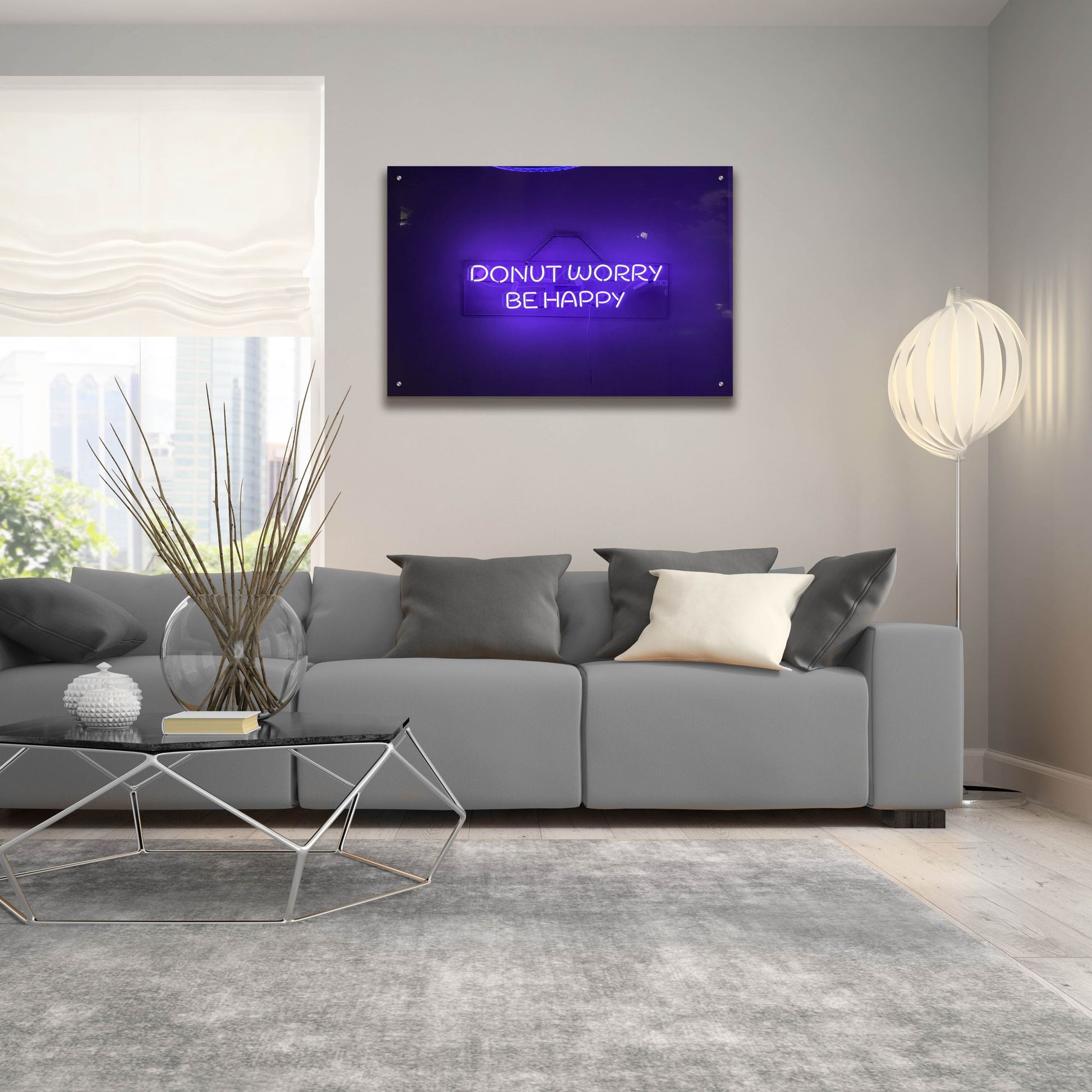 Epic Art 'Donut Worry Be Happy In Neon Purple' by Epic Portfolio, Acrylic Glass Wall Art,36x24