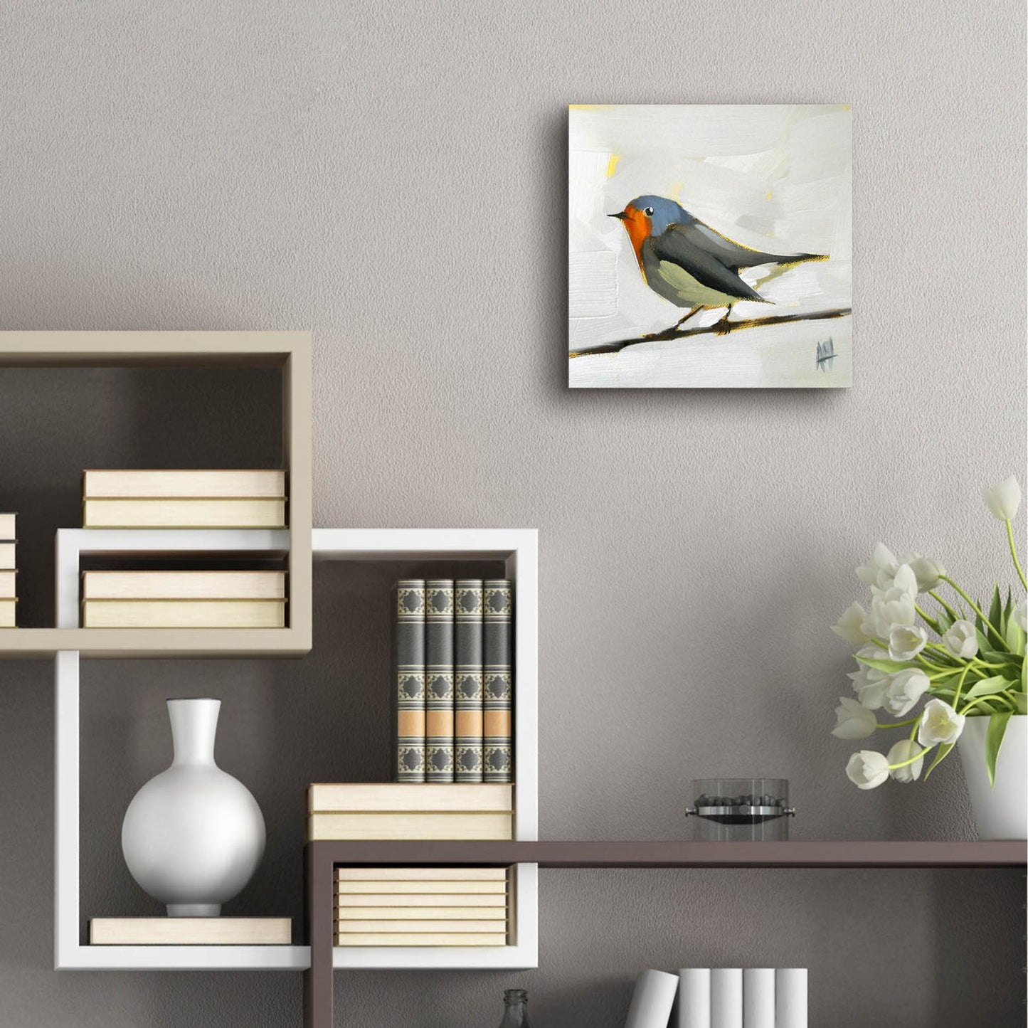 Epic Art 'Robin On Wire' by Angela Missman, Acrylic Glass Wall Art,12x12