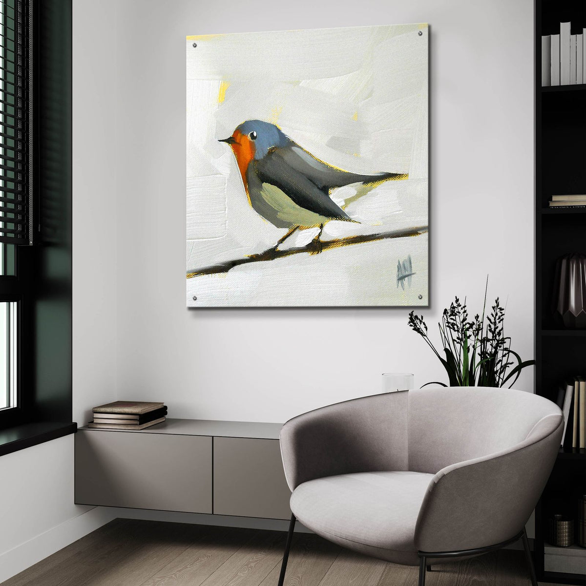 Robin On Wire by Angela Missman - 36x36 acrylic wall art in a room