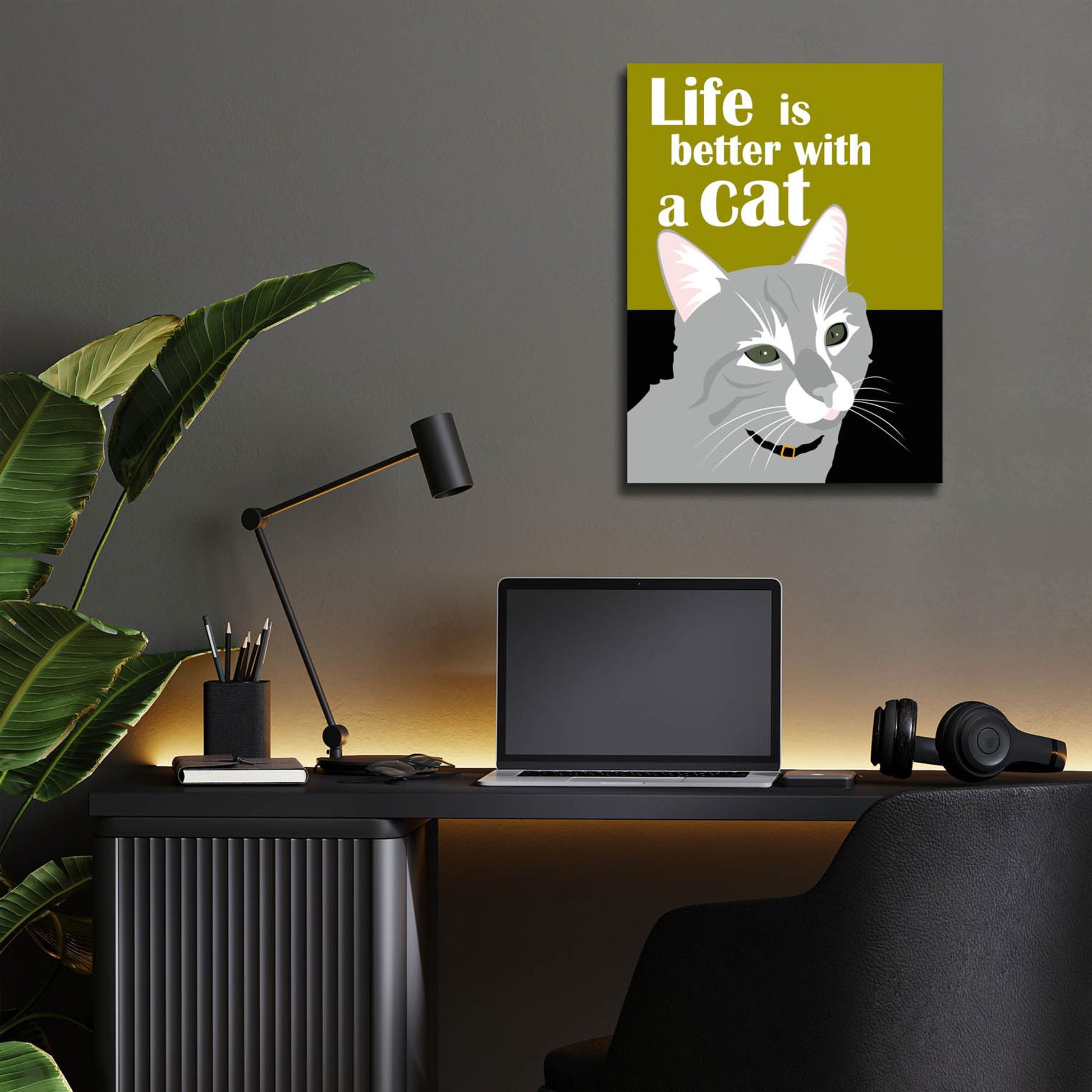 Epic Art 'Life Is Better With A Cat Green' by Ginger Oliphant, Acrylic Glass Wall Art,12x16