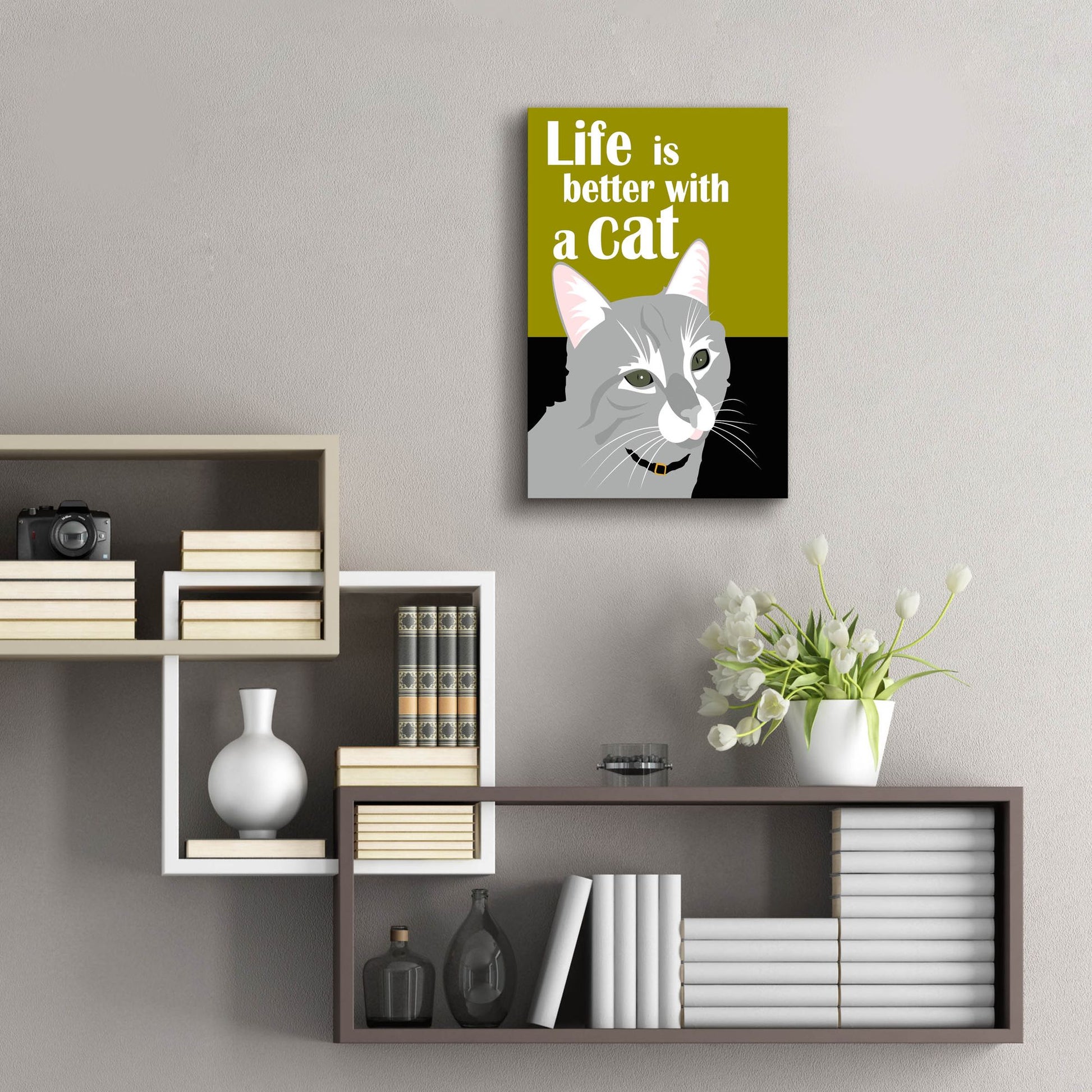 Epic Art 'Life Is Better With A Cat Green' by Ginger Oliphant, Acrylic Glass Wall Art,16x24