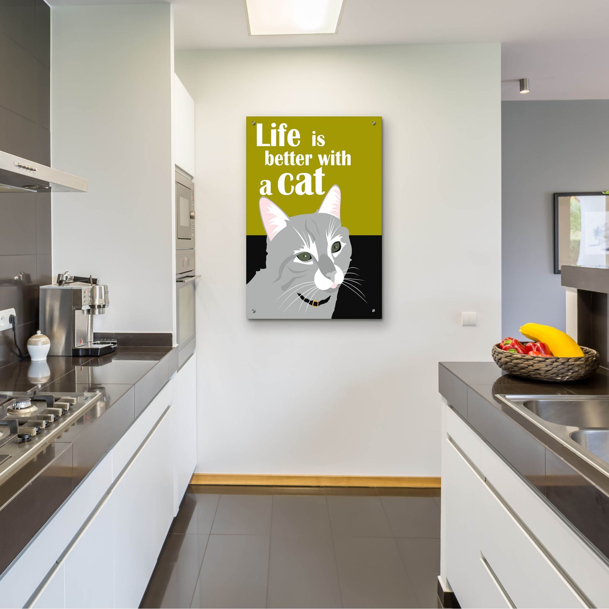 Epic Art 'Life Is Better With A Cat Green' by Ginger Oliphant, Acrylic Glass Wall Art,24x36