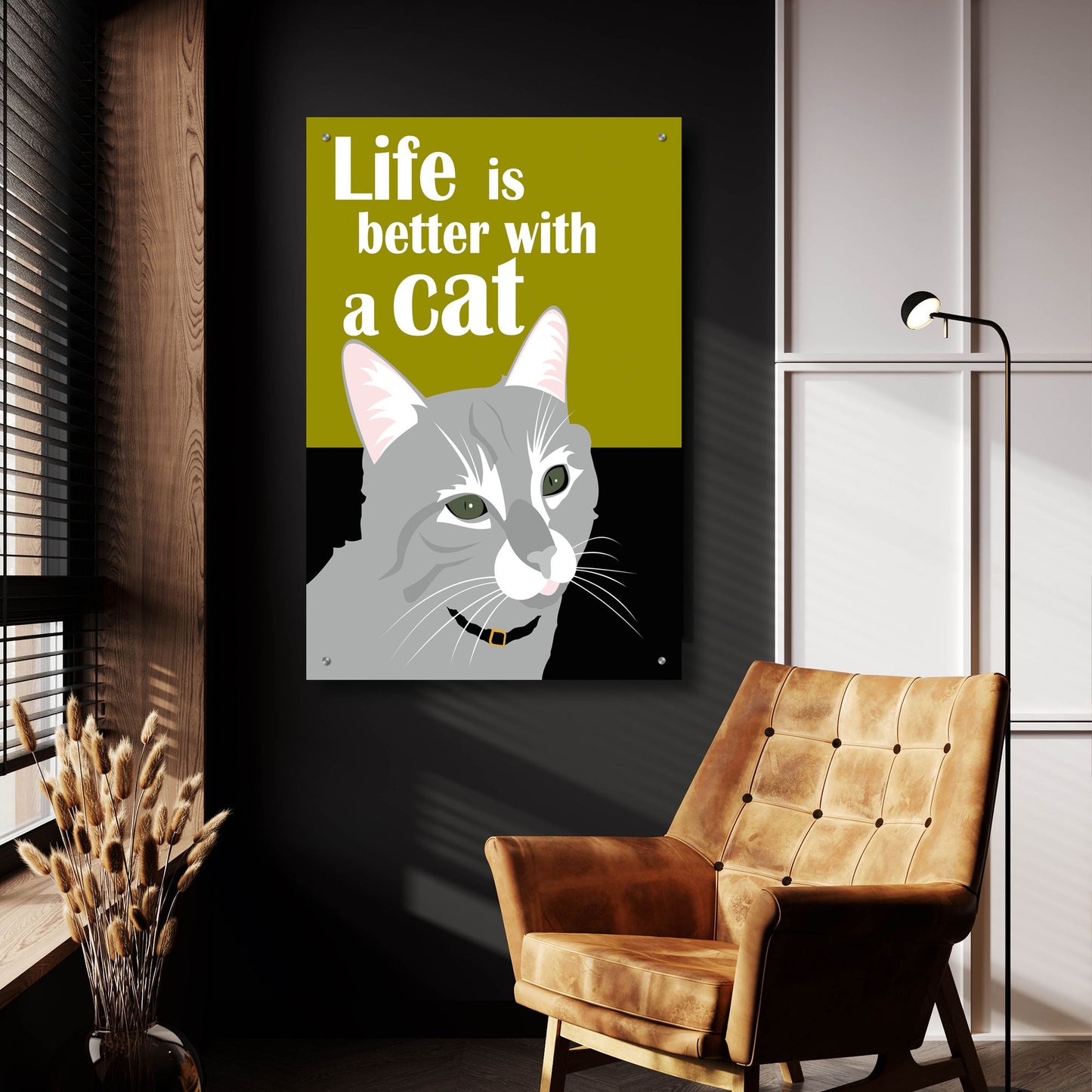 Epic Art 'Life Is Better With A Cat Green' by Ginger Oliphant, Acrylic Glass Wall Art,24x36