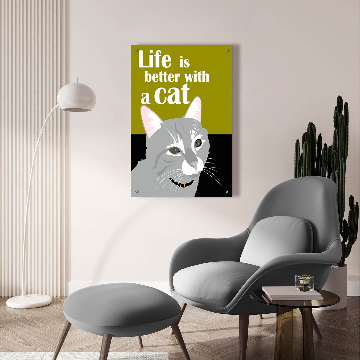 Epic Art 'Life Is Better With A Cat Green' by Ginger Oliphant, Acrylic Glass Wall Art,24x36