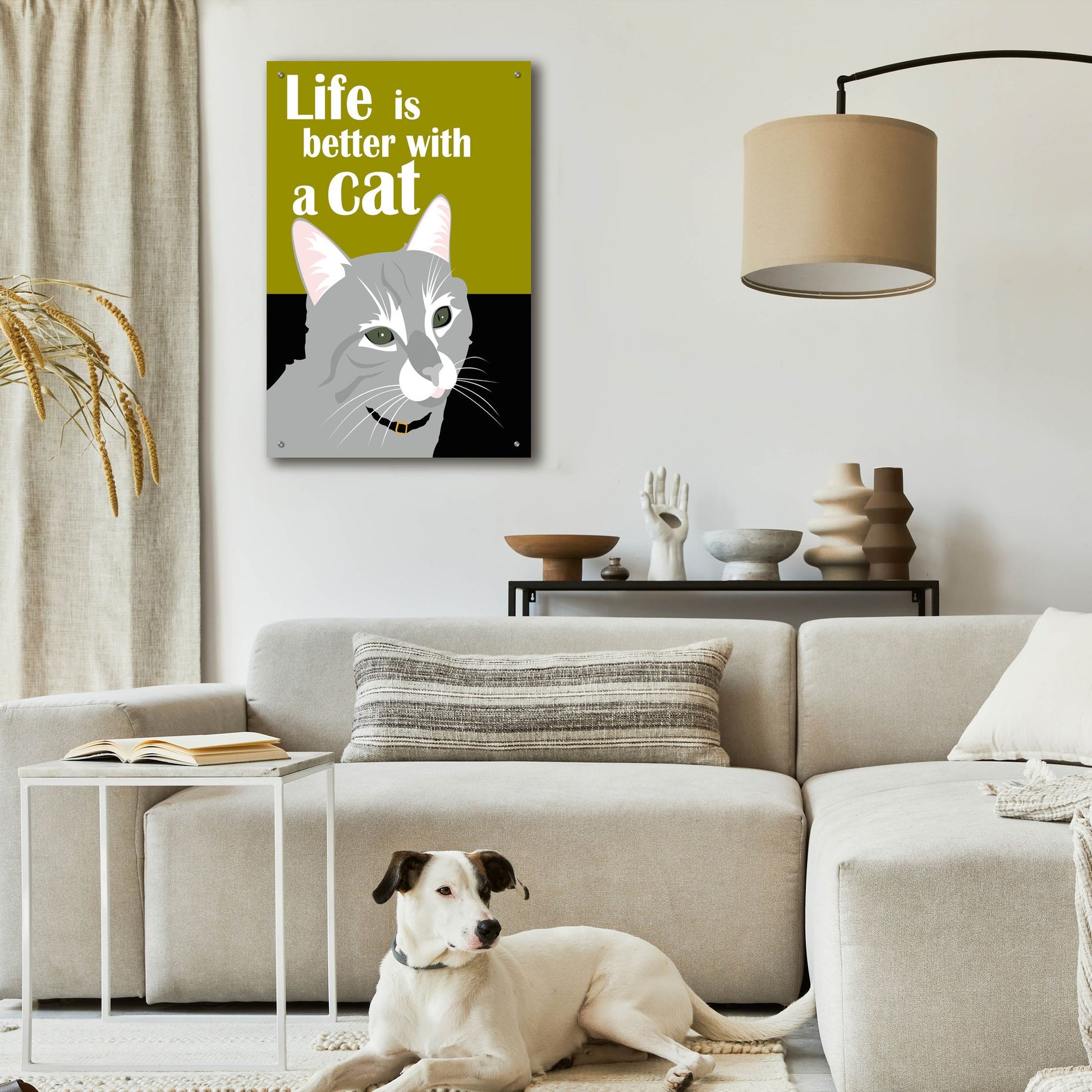 Epic Art 'Life Is Better With A Cat Green' by Ginger Oliphant, Acrylic Glass Wall Art,24x36