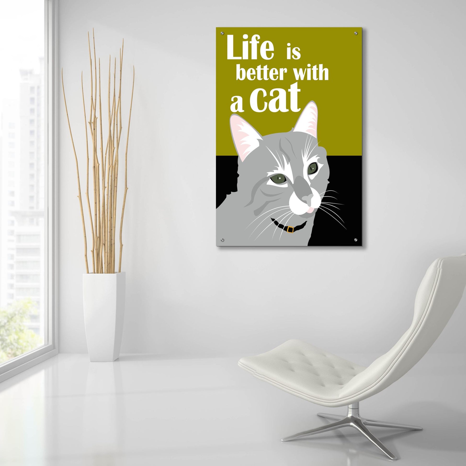 Epic Art 'Life Is Better With A Cat Green' by Ginger Oliphant, Acrylic Glass Wall Art,24x36