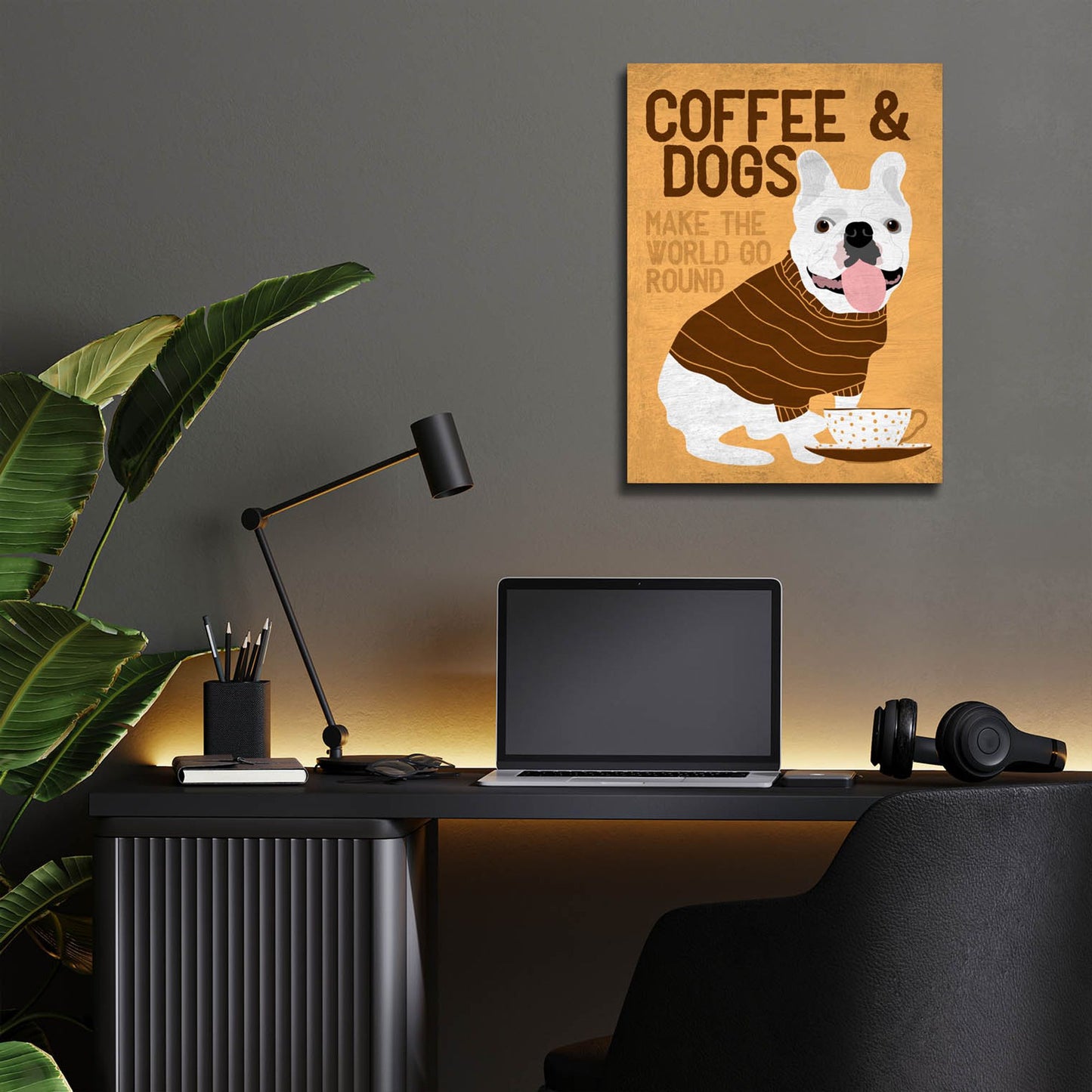 Epic Art 'Coffee And Dogs French Bulldog' by Ginger Oliphant, Acrylic Glass Wall Art,12x16