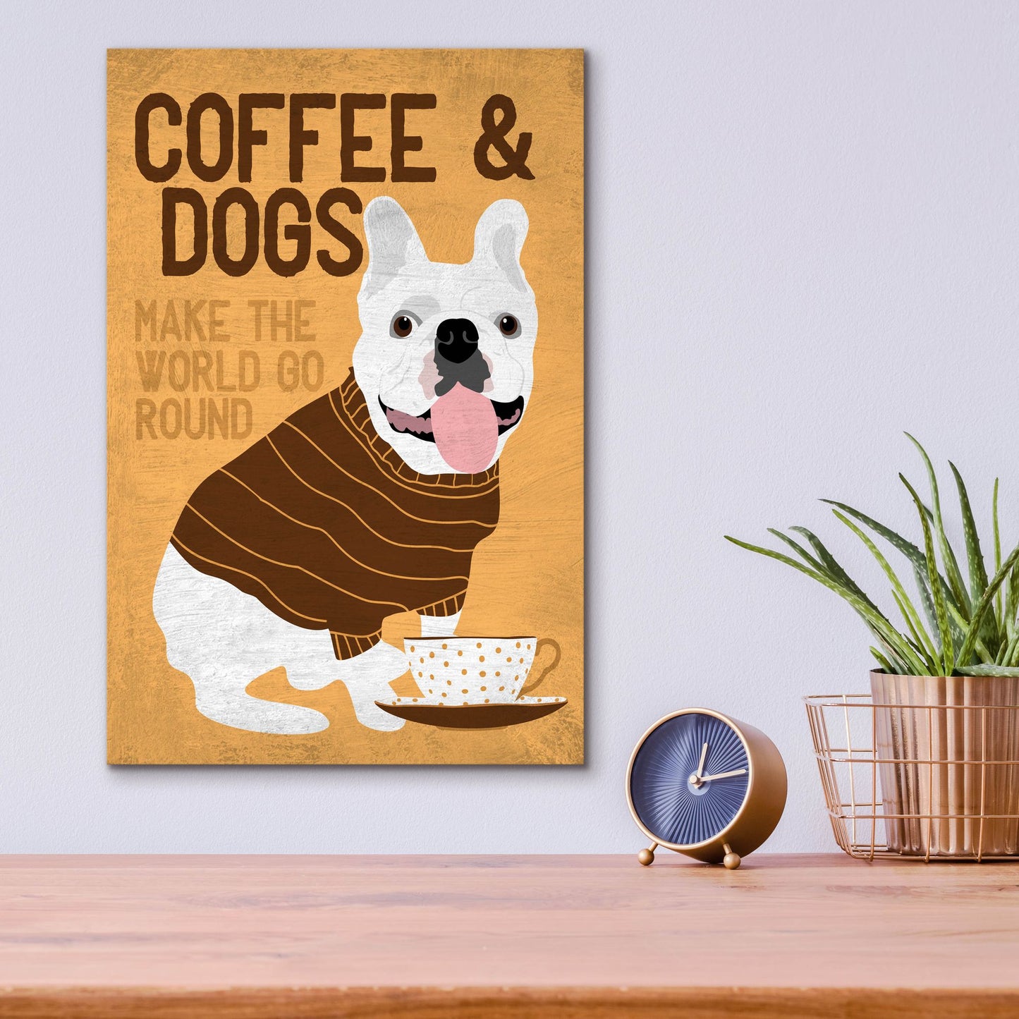 Epic Art 'Coffee And Dogs French Bulldog' by Ginger Oliphant, Acrylic Glass Wall Art,12x16