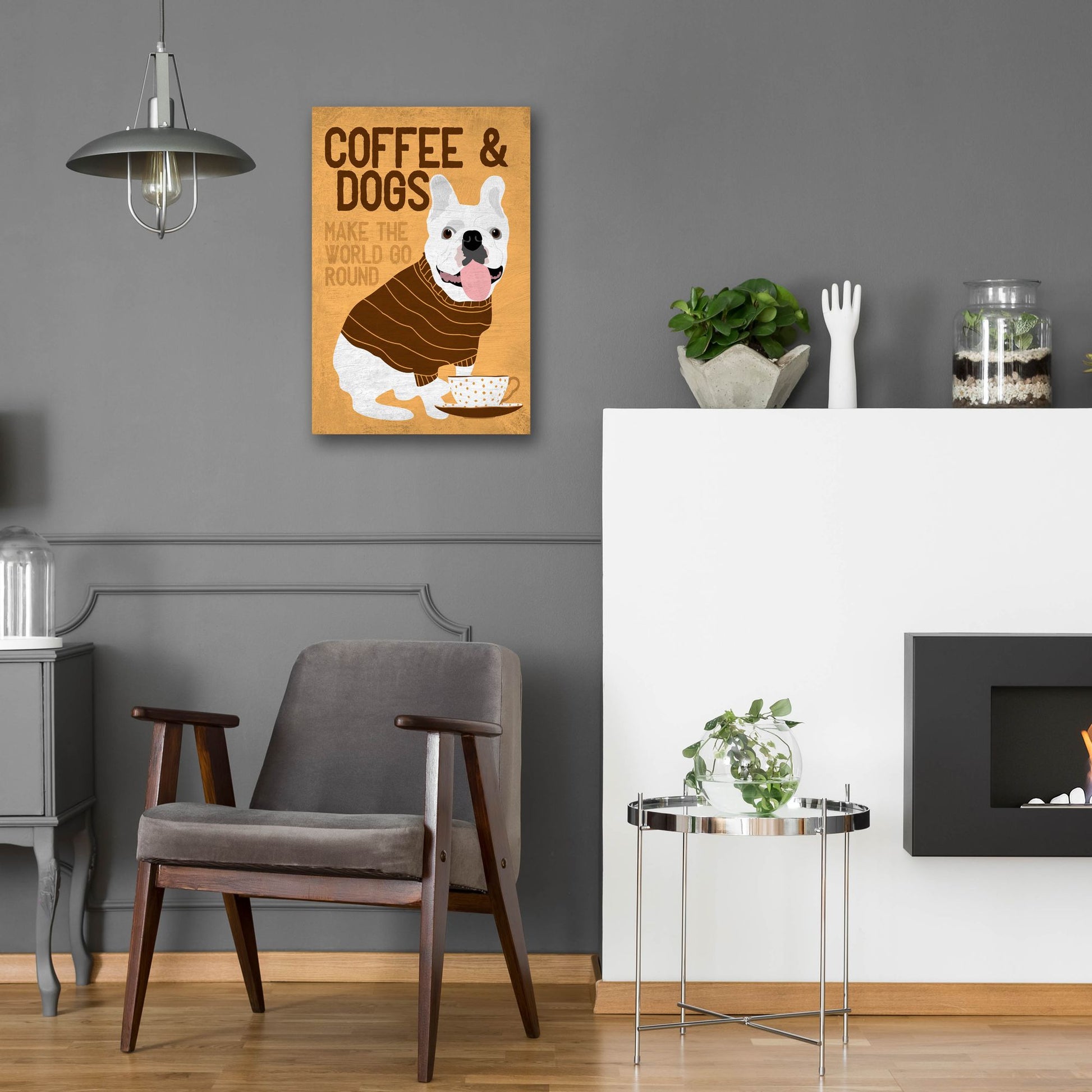 Epic Art 'Coffee And Dogs French Bulldog' by Ginger Oliphant, Acrylic Glass Wall Art,16x24