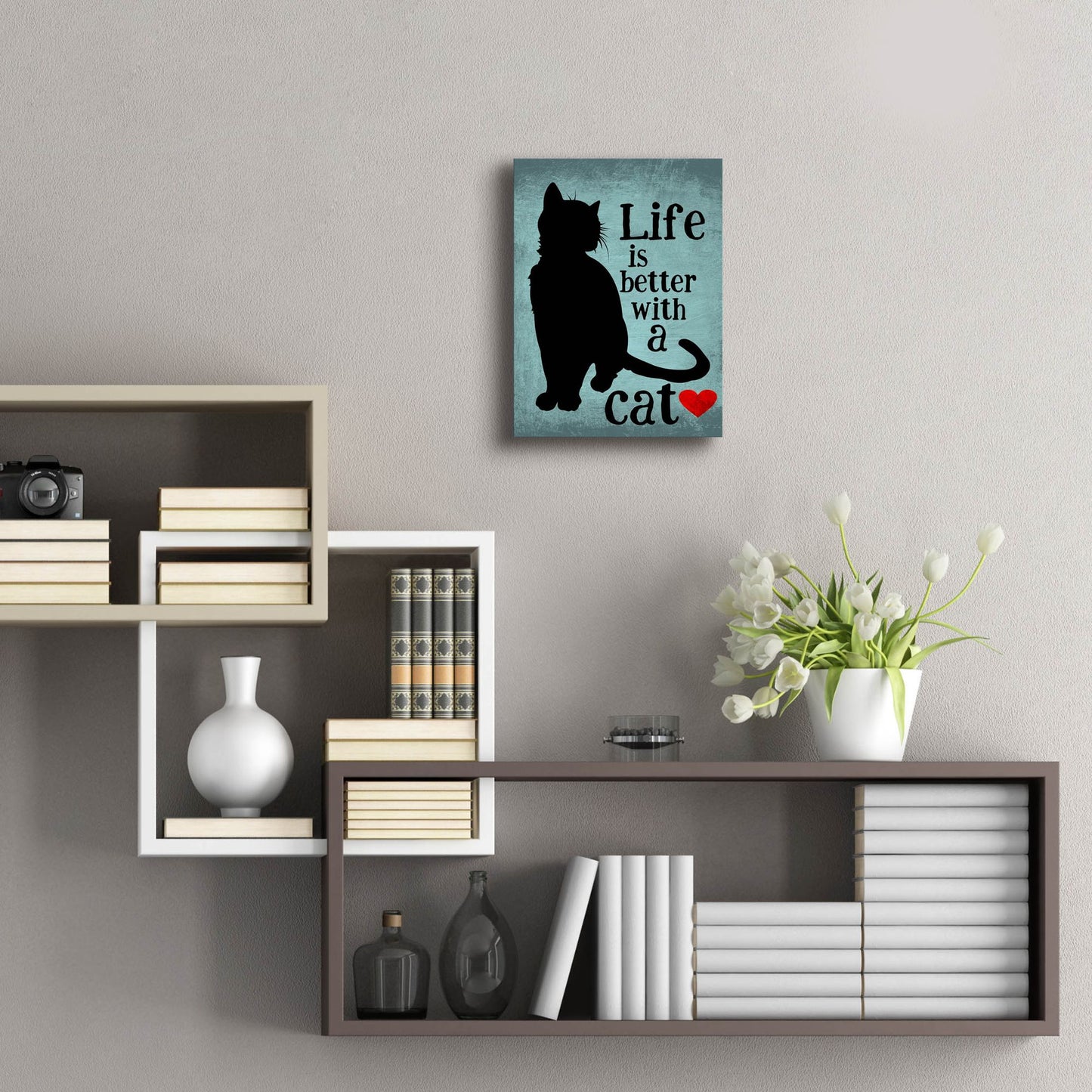 Epic Art 'Life Is Better With A Cat Blue' by Ginger Oliphant, Acrylic Glass Wall Art,12x16