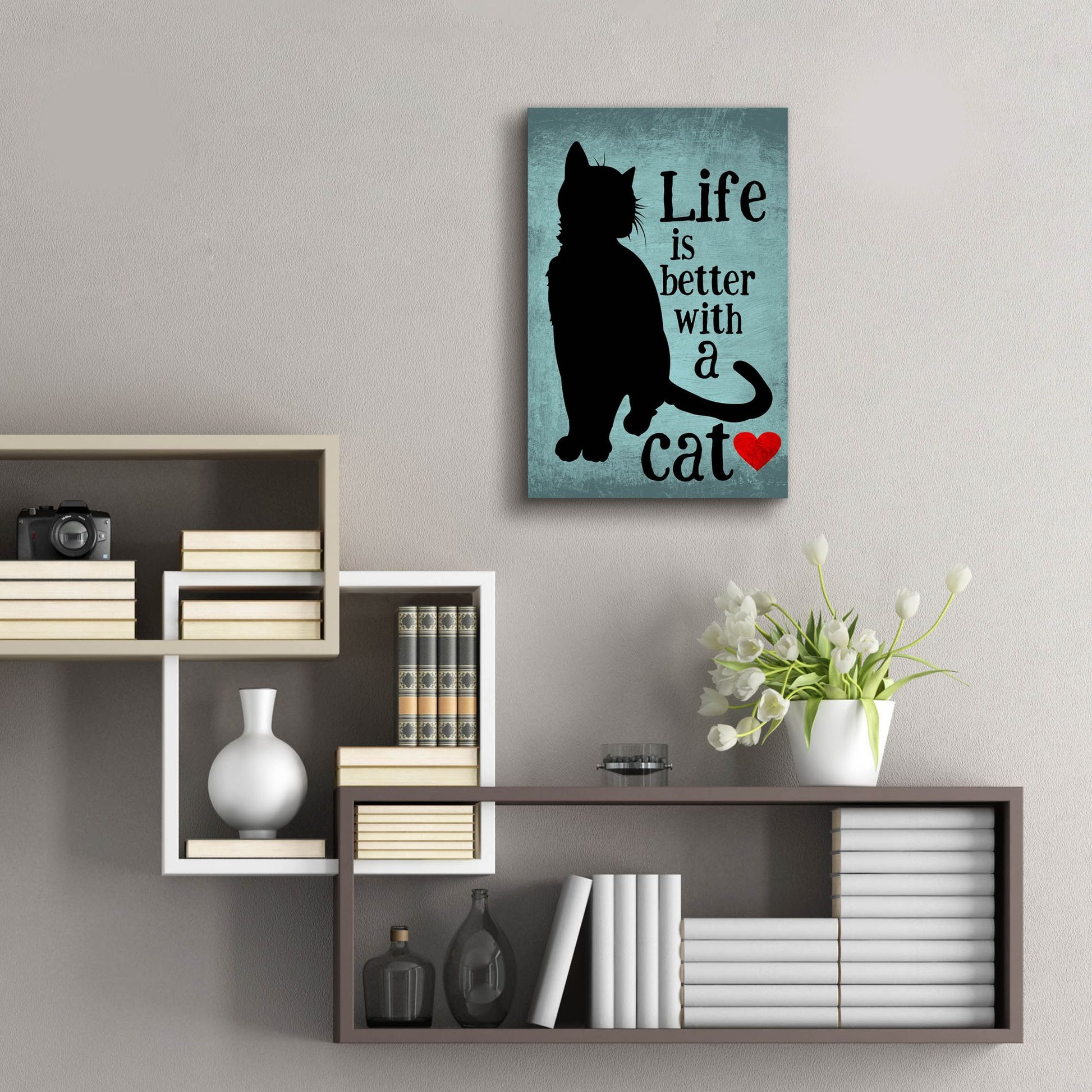 Epic Art 'Life Is Better With A Cat Blue' by Ginger Oliphant, Acrylic Glass Wall Art,16x24