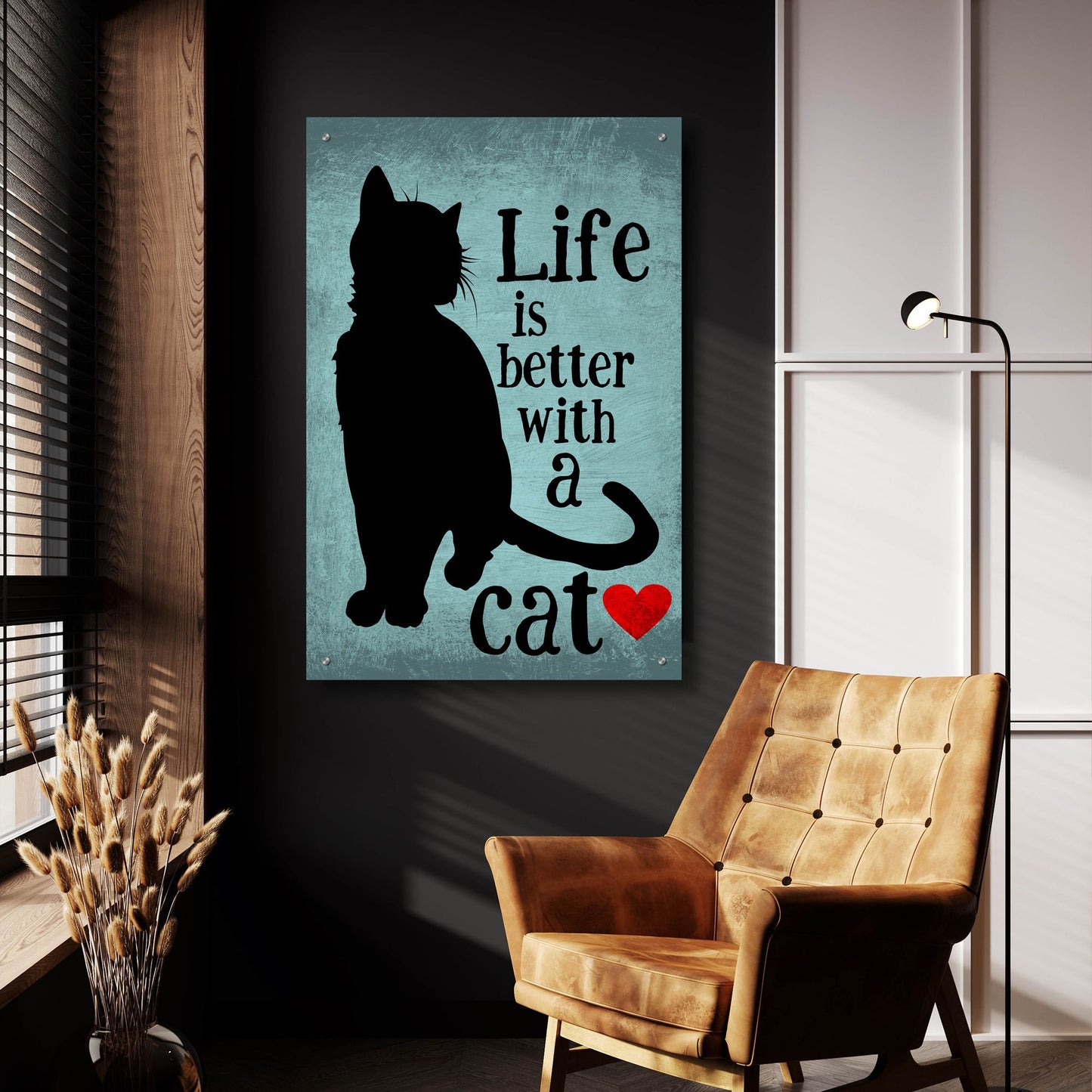 Epic Art 'Life Is Better With A Cat Blue' by Ginger Oliphant, Acrylic Glass Wall Art,24x36