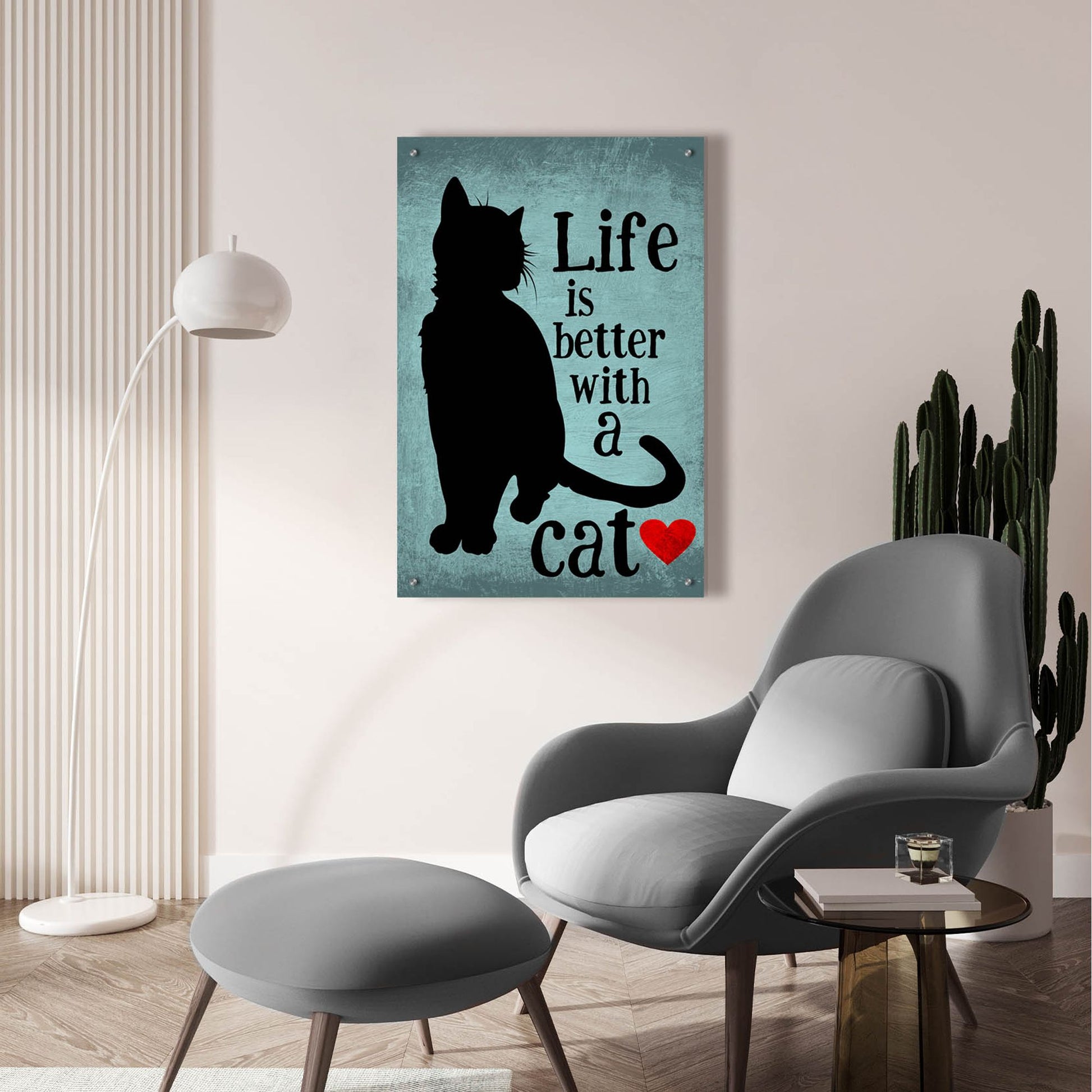 Epic Art 'Life Is Better With A Cat Blue' by Ginger Oliphant, Acrylic Glass Wall Art,24x36