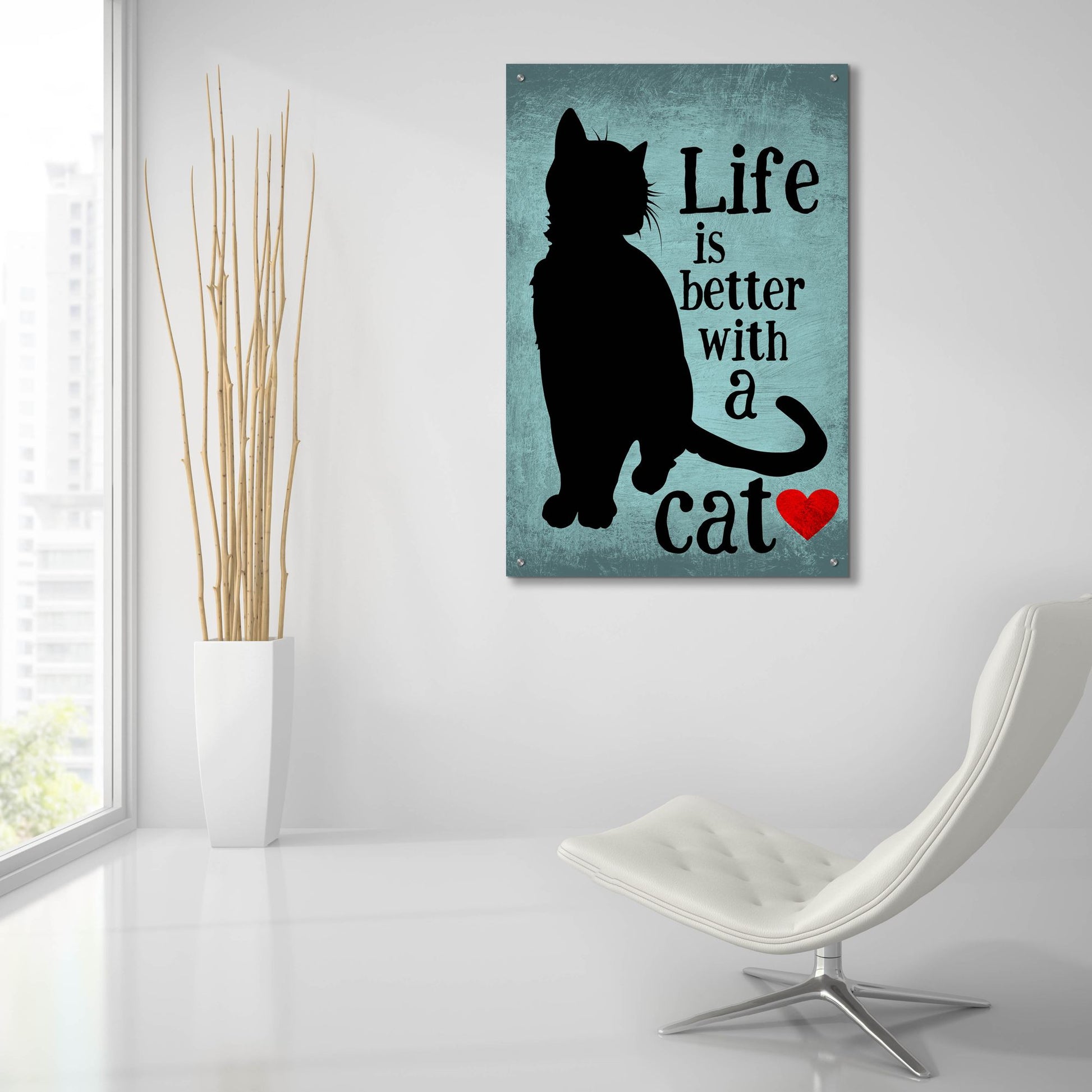 Epic Art 'Life Is Better With A Cat Blue' by Ginger Oliphant, Acrylic Glass Wall Art,24x36