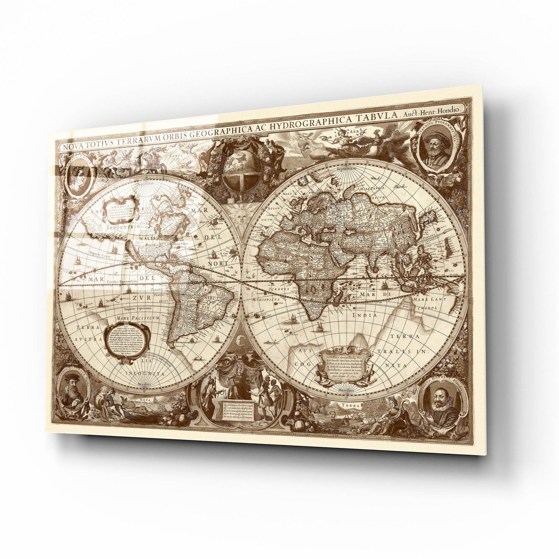 Epic Art 'Nova Totius Terrarum Orbis Tabula (Sepia)' by Hines, Acrylic Glass Wall Art,16x12