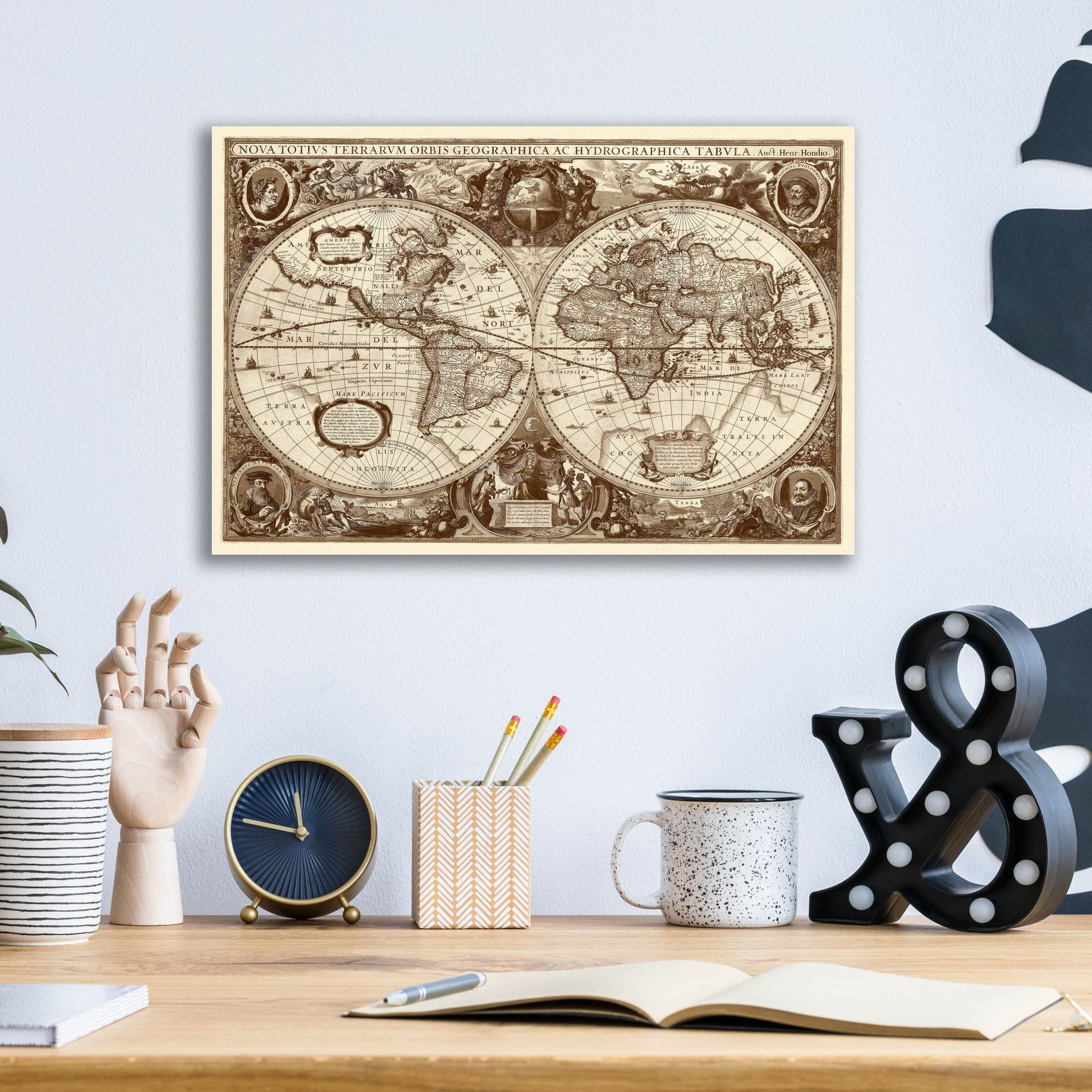 Epic Art 'Nova Totius Terrarum Orbis Tabula (Sepia)' by Hines, Acrylic Glass Wall Art,16x12