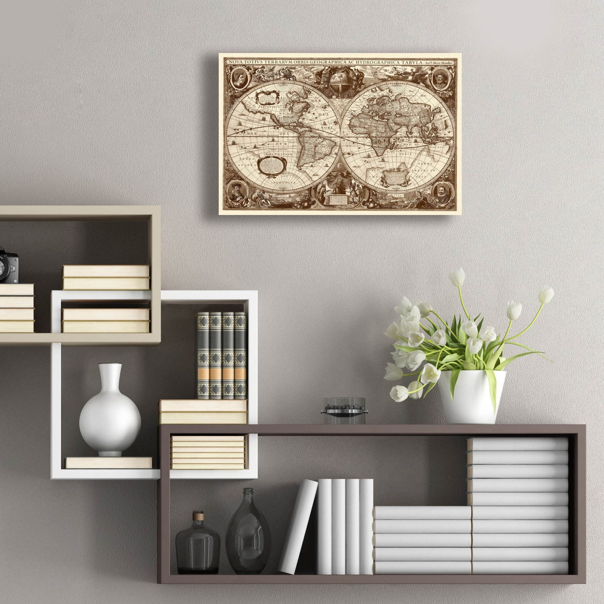 Epic Art 'Nova Totius Terrarum Orbis Tabula (Sepia)' by Hines, Acrylic Glass Wall Art,24x16