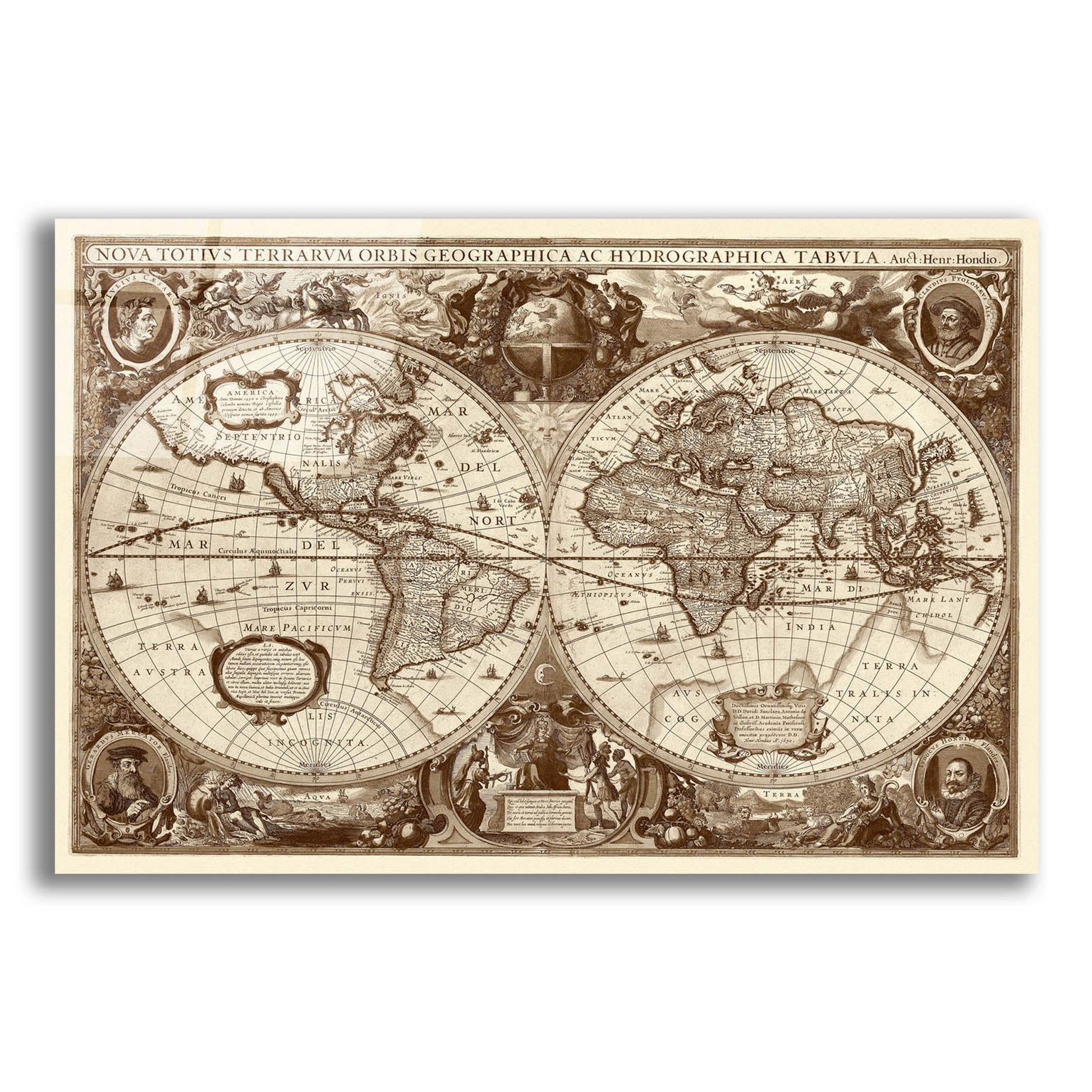 Epic Art 'Nova Totius Terrarum Orbis Tabula (Sepia)' by Hines, Acrylic Glass Wall Art,24x16