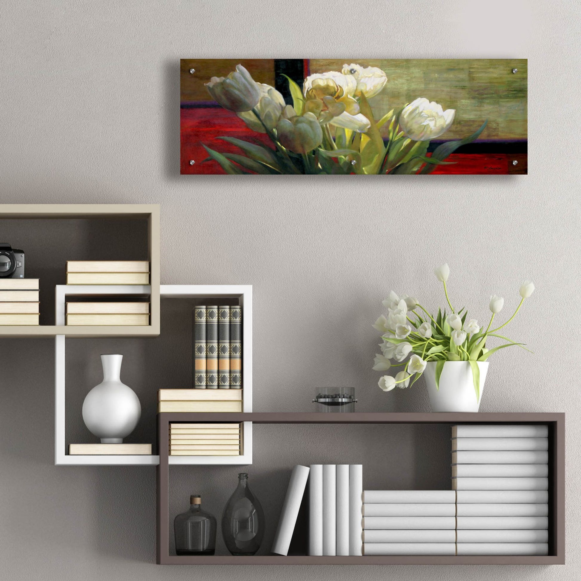 Epic Art 'Tulips With Red' by Jan Mclaughlin, Acrylic Glass Wall Art,36x12