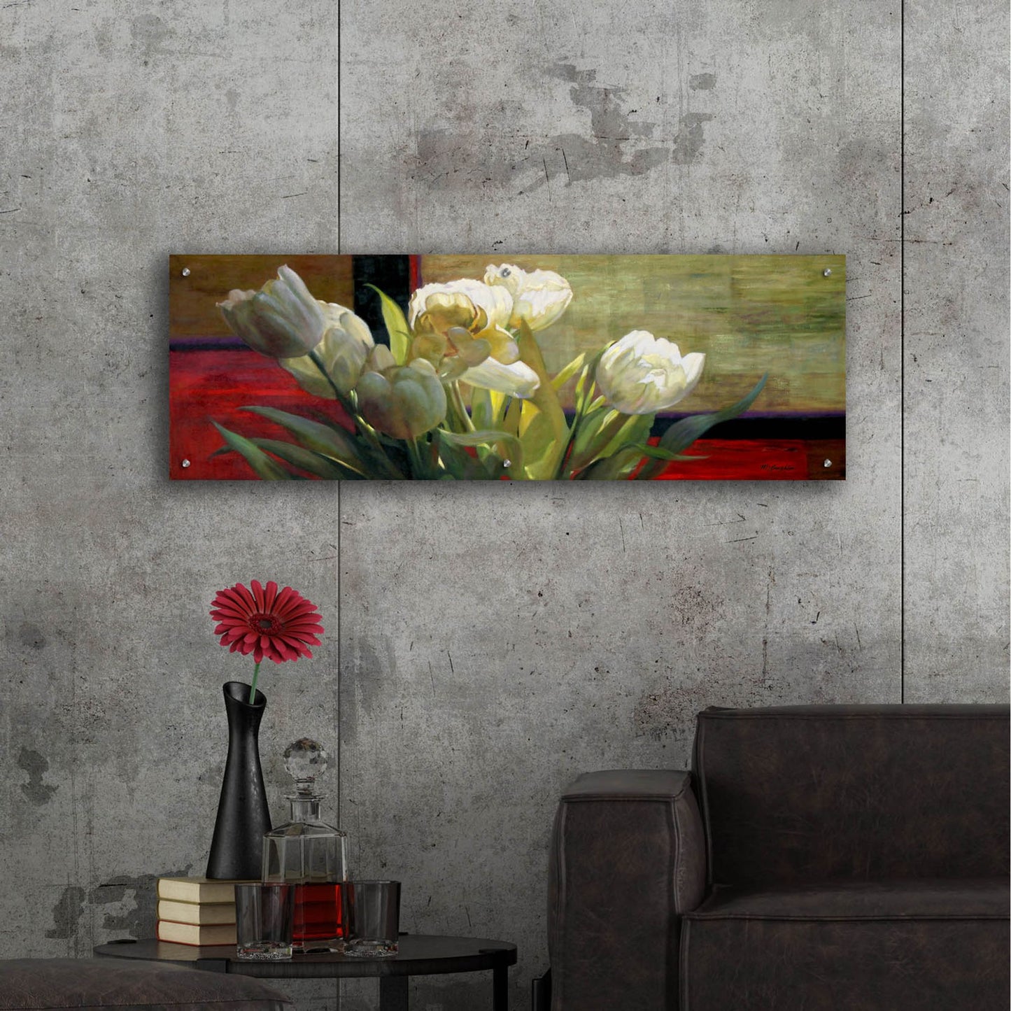 Epic Art 'Tulips With Red' by Jan Mclaughlin, Acrylic Glass Wall Art,48x16