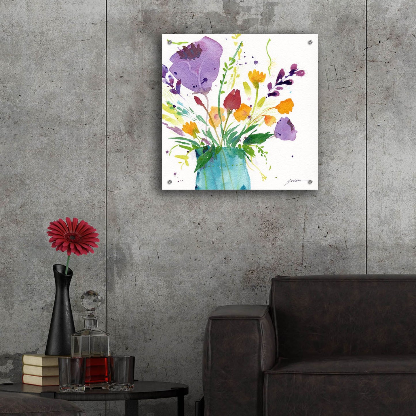 Epic Art 'Teal Vase With Bright Flowers' by Sheila Golden, Acrylic Glass Wall Art,24x24