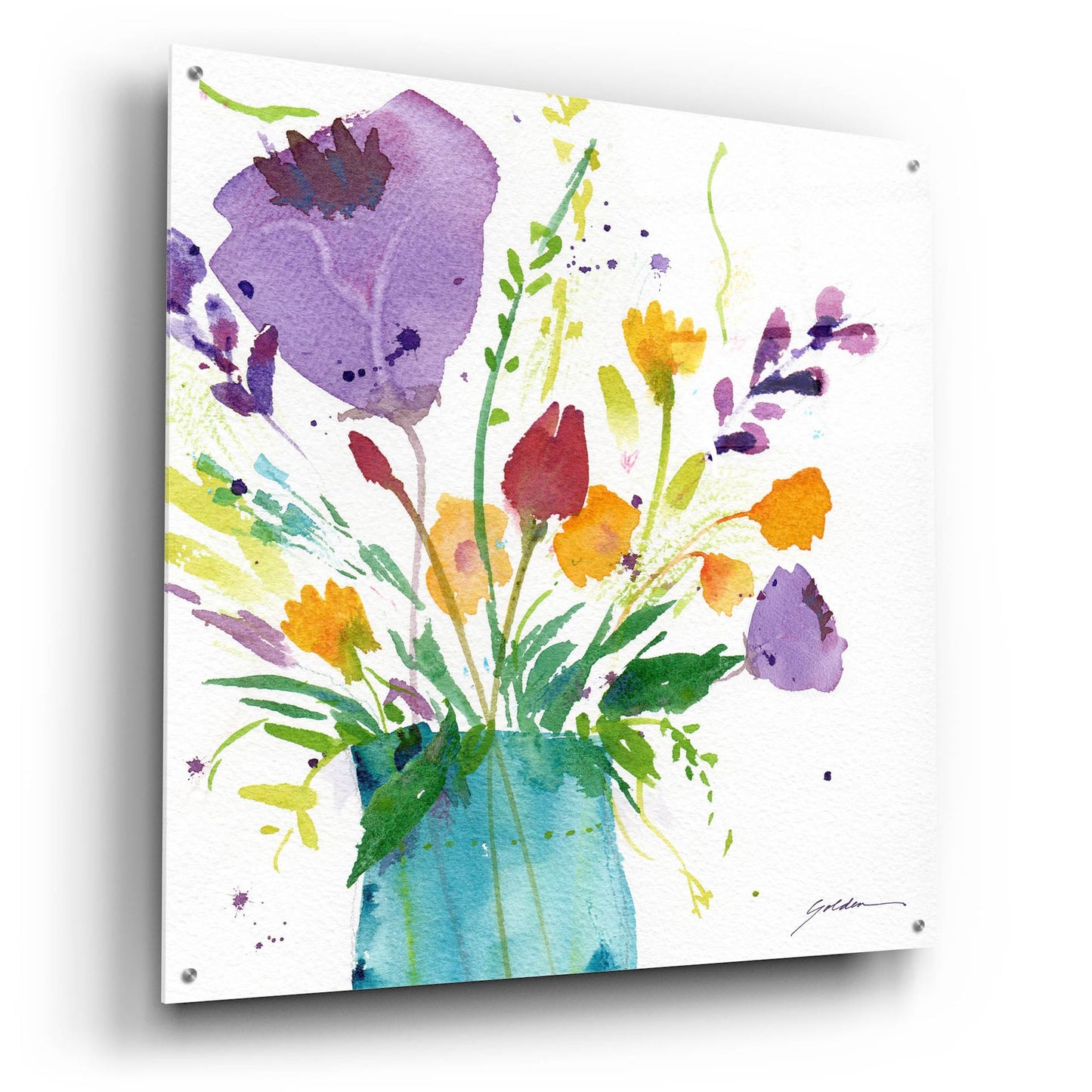 Epic Art 'Teal Vase With Bright Flowers' by Sheila Golden, Acrylic Glass Wall Art,36x36