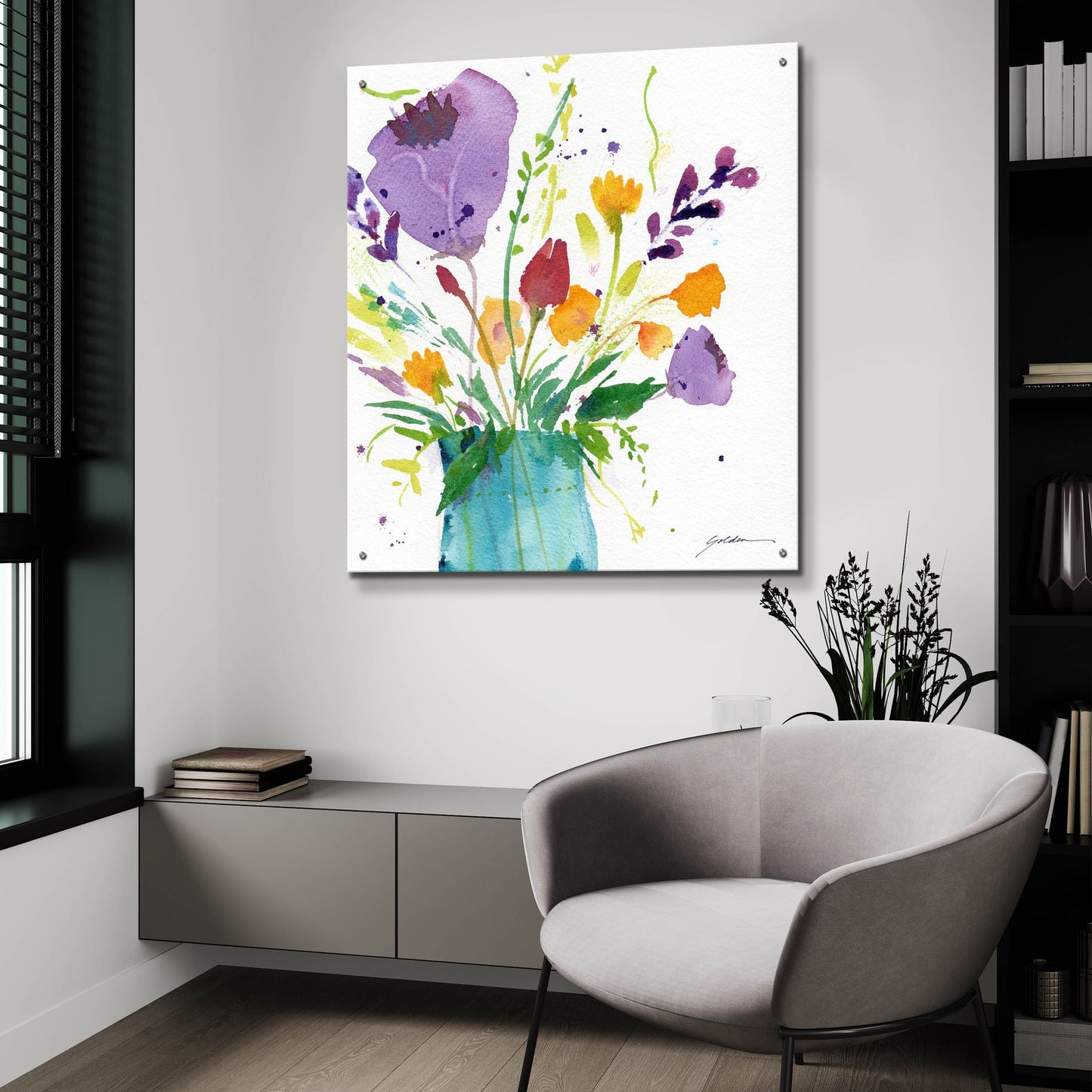 Epic Art 'Teal Vase With Bright Flowers' by Sheila Golden, Acrylic Glass Wall Art,36x36