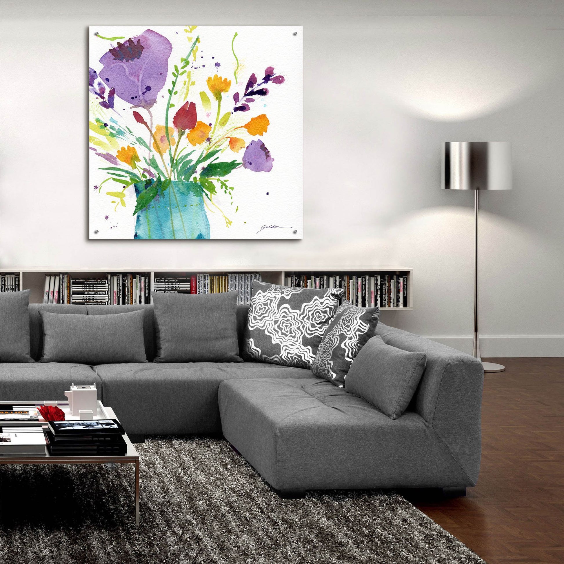 Epic Art 'Teal Vase With Bright Flowers' by Sheila Golden, Acrylic Glass Wall Art,36x36