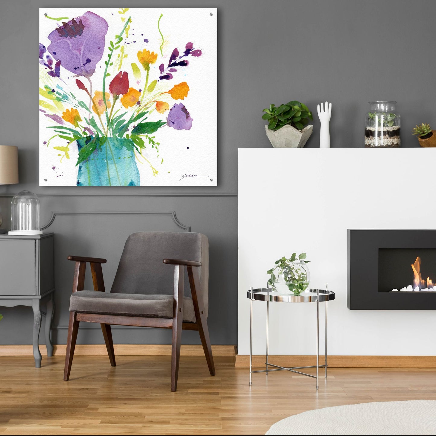 Epic Art 'Teal Vase With Bright Flowers' by Sheila Golden, Acrylic Glass Wall Art,36x36