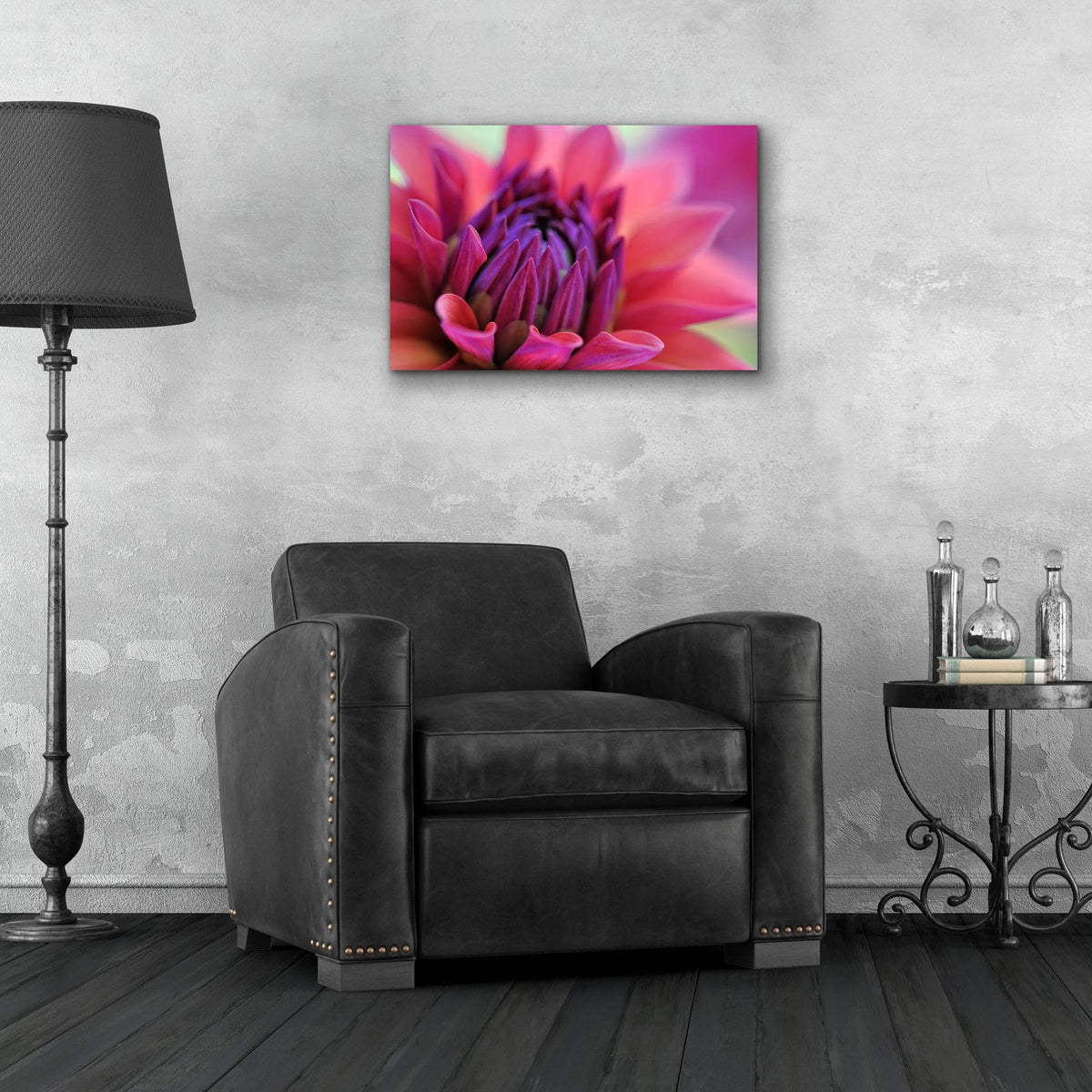 Dahlia Centre Pink Purple by Cora Niele - 24x16 acrylic wall art in a room