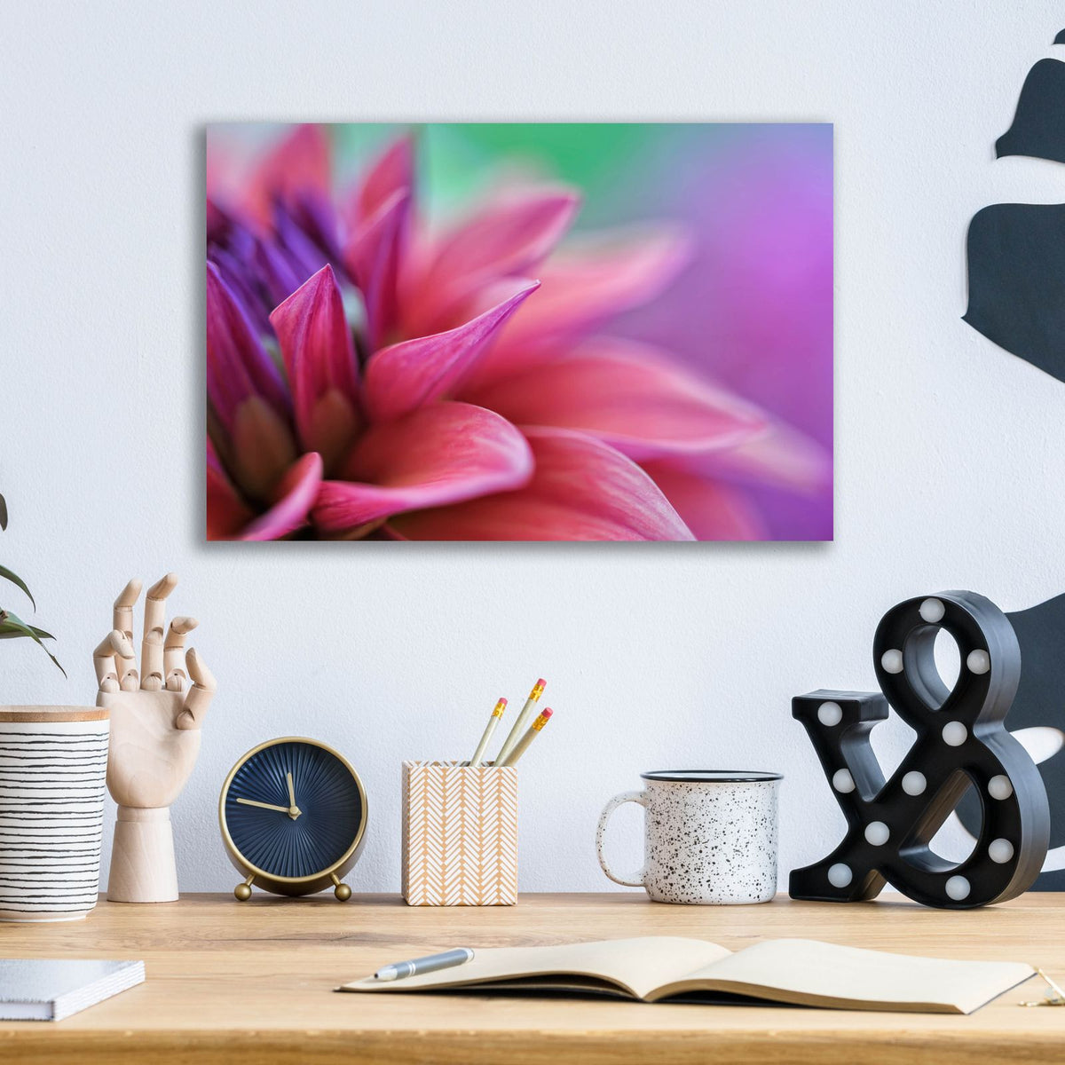 Dahlia Petals Pink Purple by Cora Niele - 16x12 acrylic wall art in a room