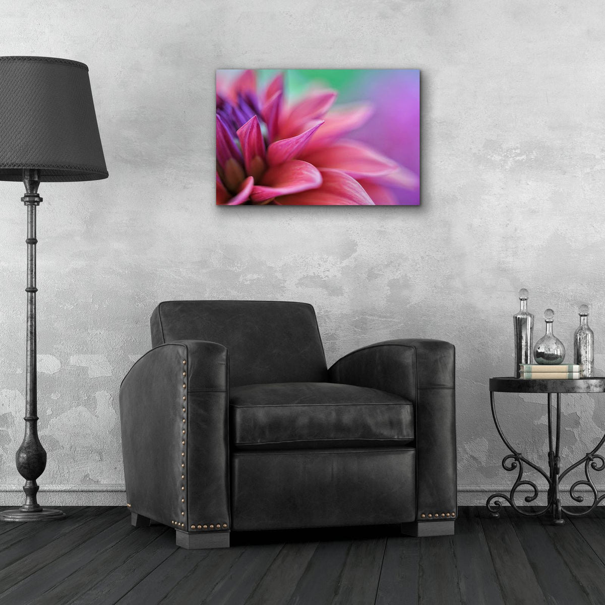 Dahlia Petals Pink Purple by Cora Niele - 24x16 acrylic wall art in a room