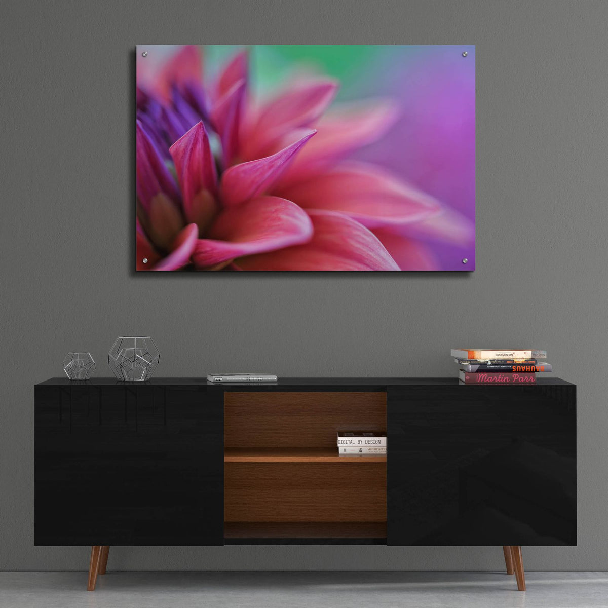 Dahlia Petals Pink Purple by Cora Niele - 36x24 acrylic wall art in a room