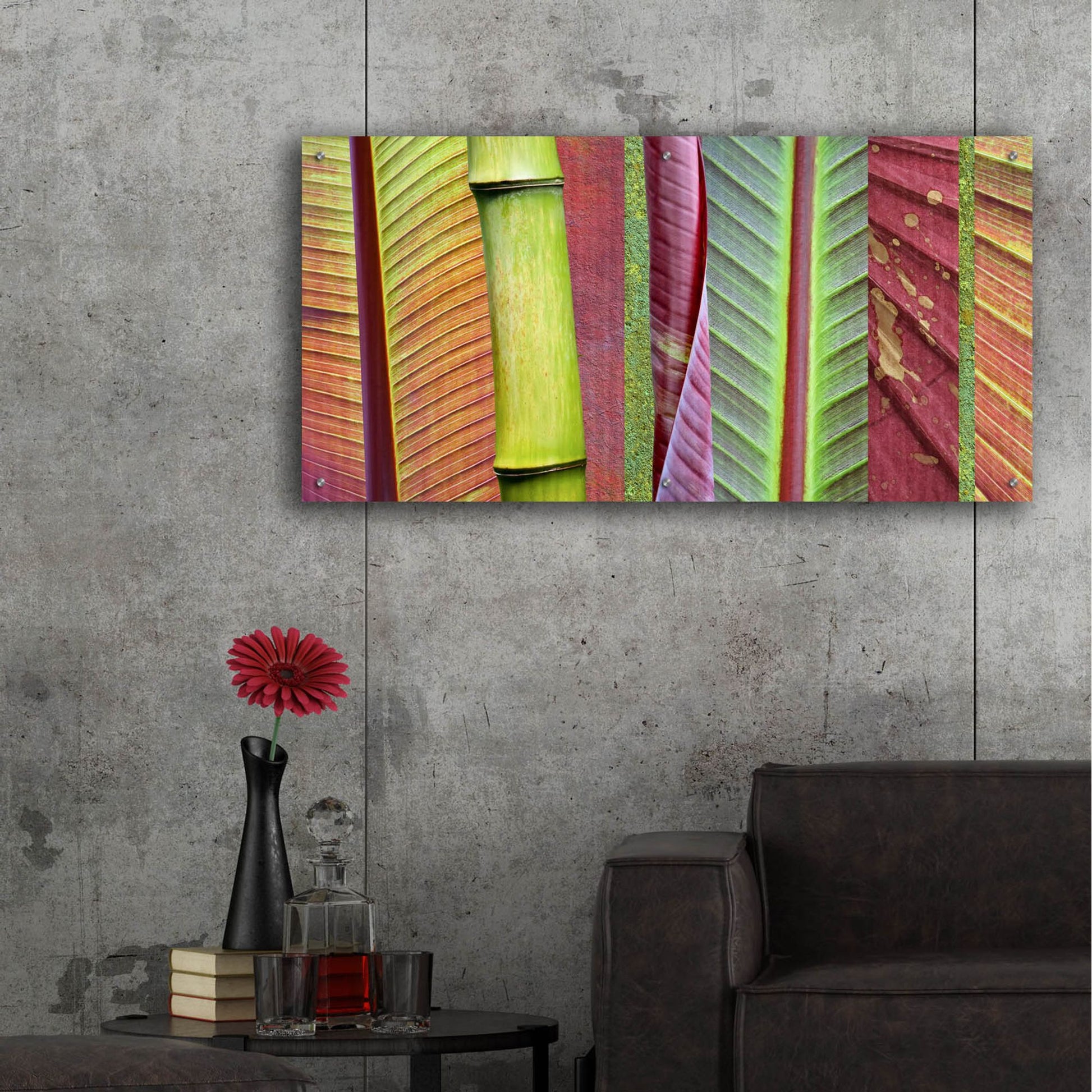 Epic Art 'Green and Red Leaf Collage' by Cora Niele, Acrylic Glass Wall Art,48x24