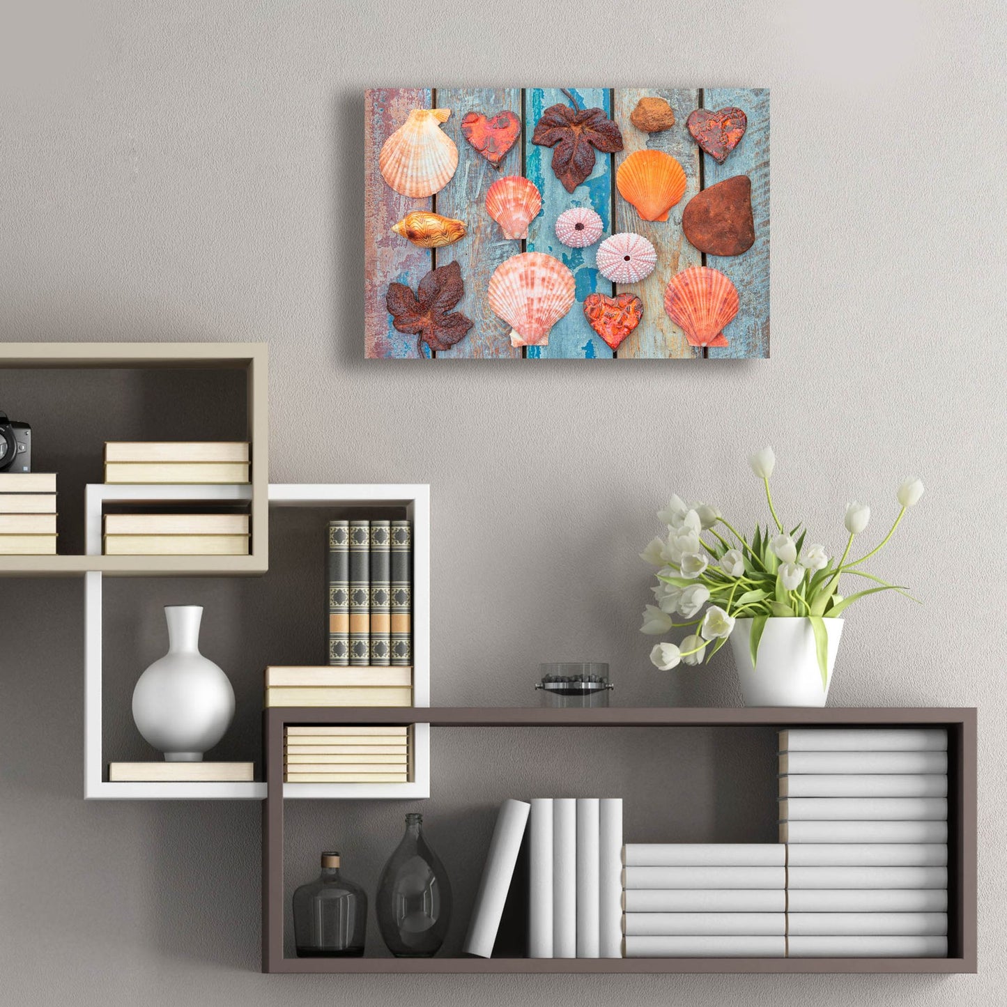 Epic Art 'Shells and Hearts on Planks' by Cora Niele, Acrylic Glass Wall Art,24x16