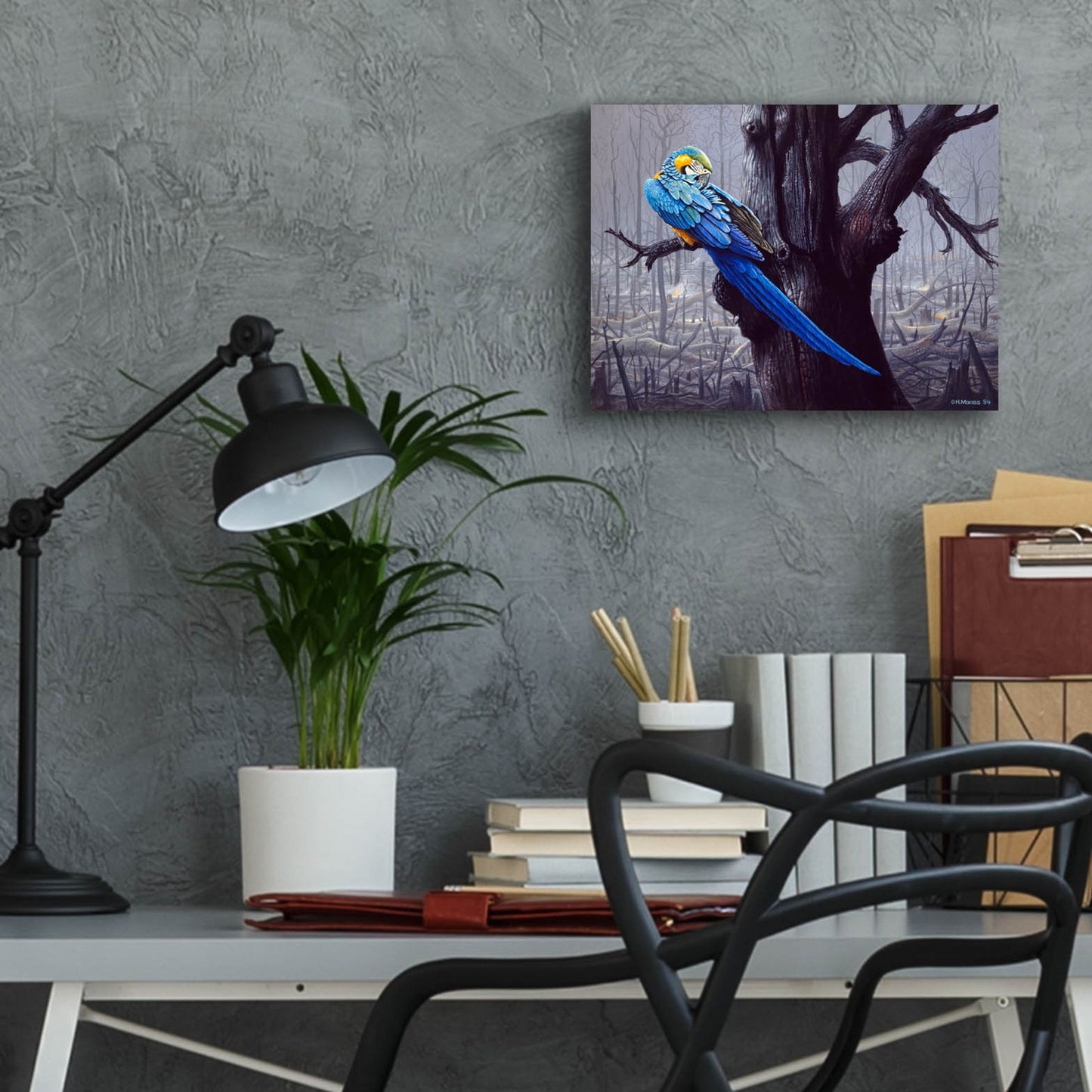 Epic Art 'Blue And Yellow Macaw In Burned Forest' by Harro Maass, Acrylic Glass Wall Art,16x12