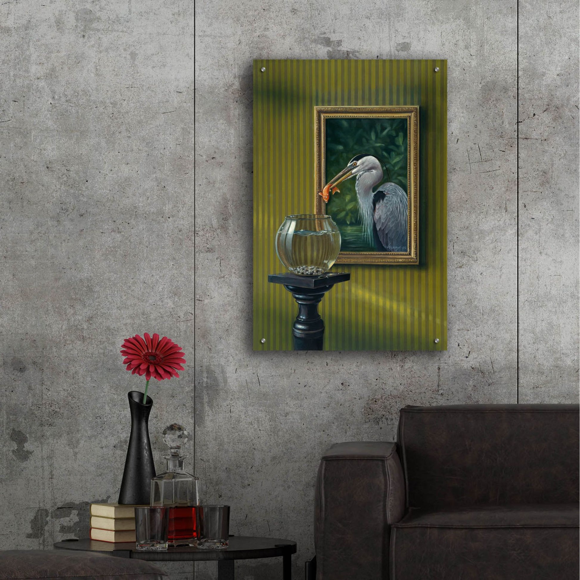 Epic Art 'Heron And Goldfish' by Harro Maass, Acrylic Glass Wall Art,24x36