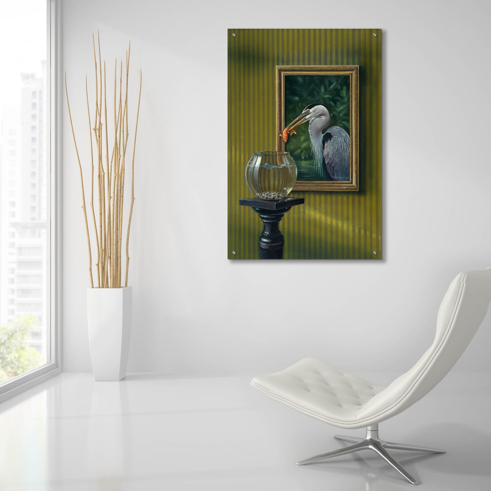 Epic Art 'Heron And Goldfish' by Harro Maass, Acrylic Glass Wall Art,24x36