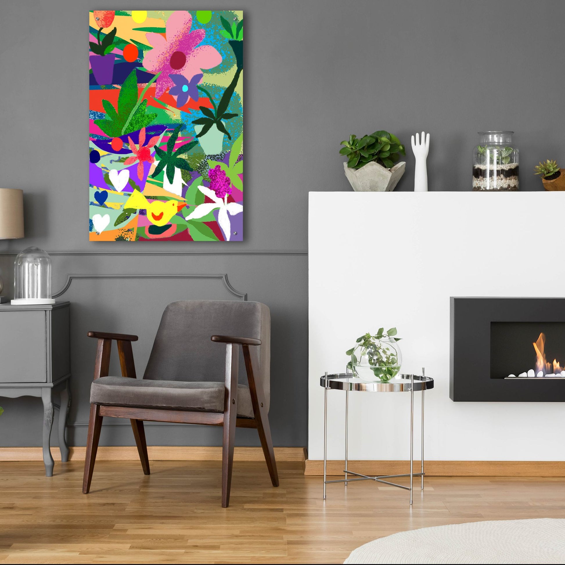 Epic Art 'Yellow Bird And Flowers' by Holly McGee, Acrylic Glass Wall Art,24x36