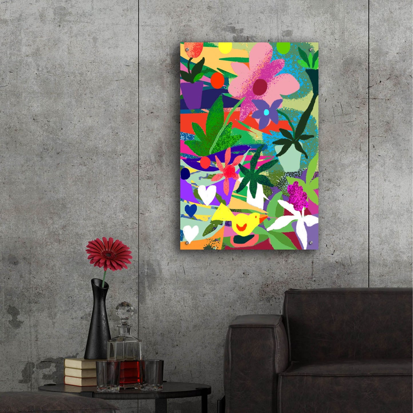 Epic Art 'Yellow Bird And Flowers' by Holly McGee, Acrylic Glass Wall Art,24x36