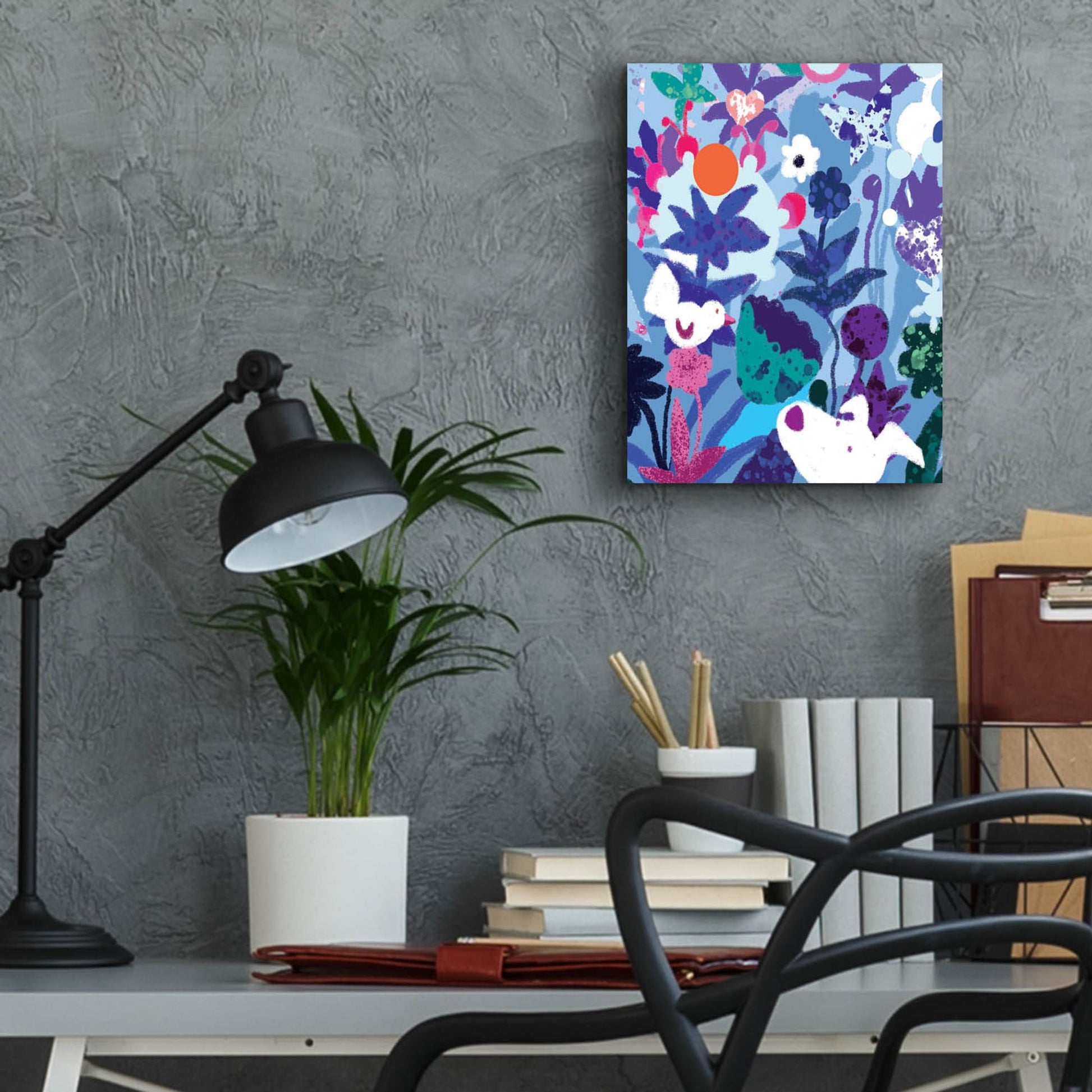 Epic Art 'Blue Floral With Dog And Bird' by Holly McGee, Acrylic Glass Wall Art,12x16