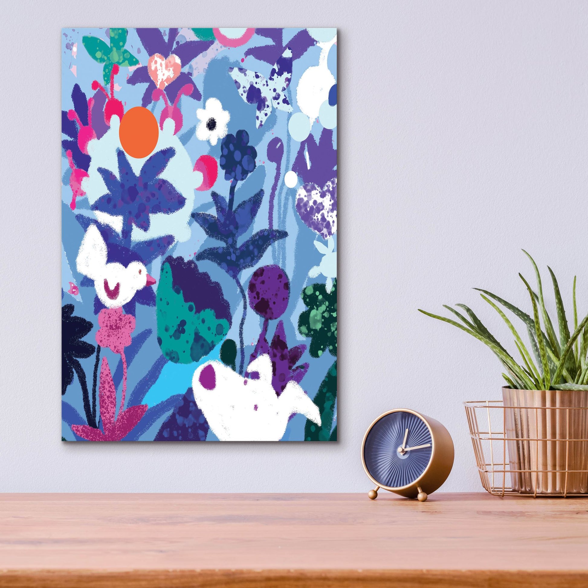 Epic Art 'Blue Floral With Dog And Bird' by Holly McGee, Acrylic Glass Wall Art,12x16